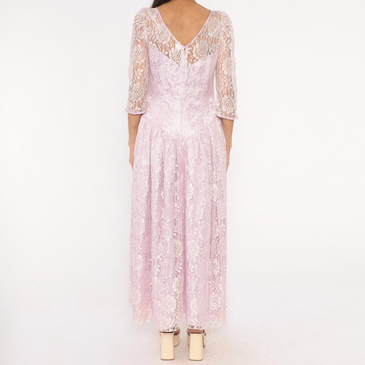 80s Lavender Lace Maxi Dress Floral Sheer Sleeve Drop Waist Large L