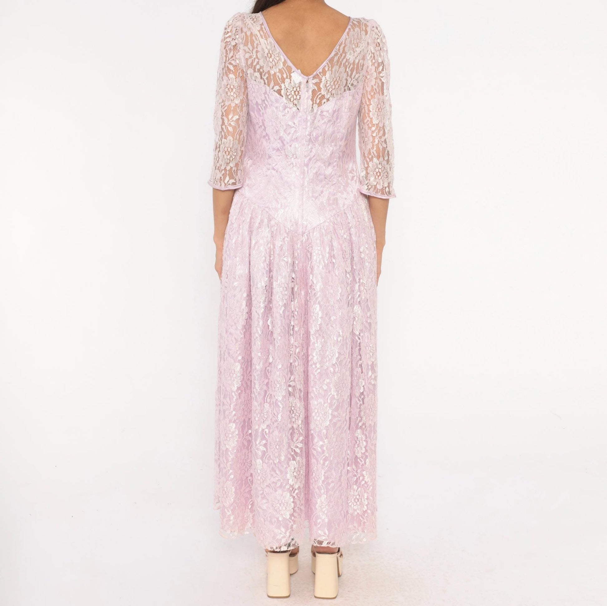 80s Lavender Lace Maxi Dress Floral Sheer Sleeve Drop Waist Large L