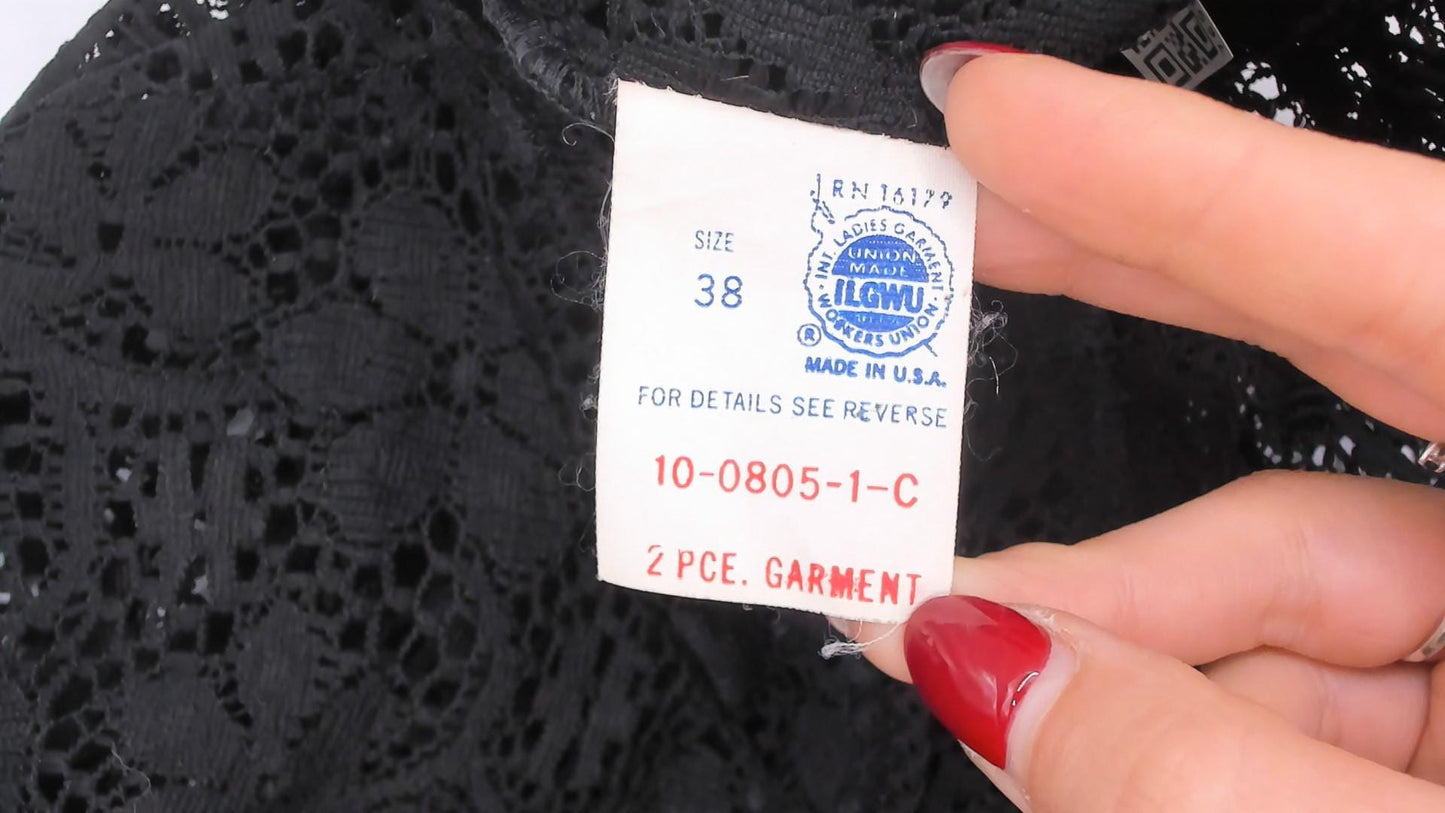 90s Black Floral Crochet Lace Blouse Mandarin Collar Long Sleeve Medium