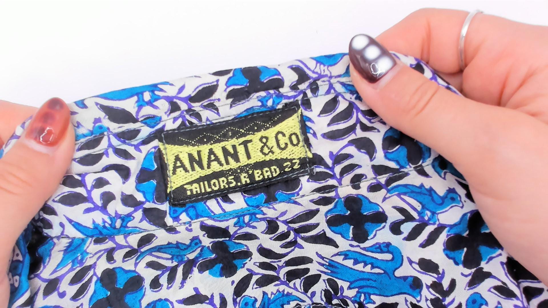 70s Anant & Co Batik Silk Shirt Teal Black Botanical Bird Print Pointed Collar Medium M
