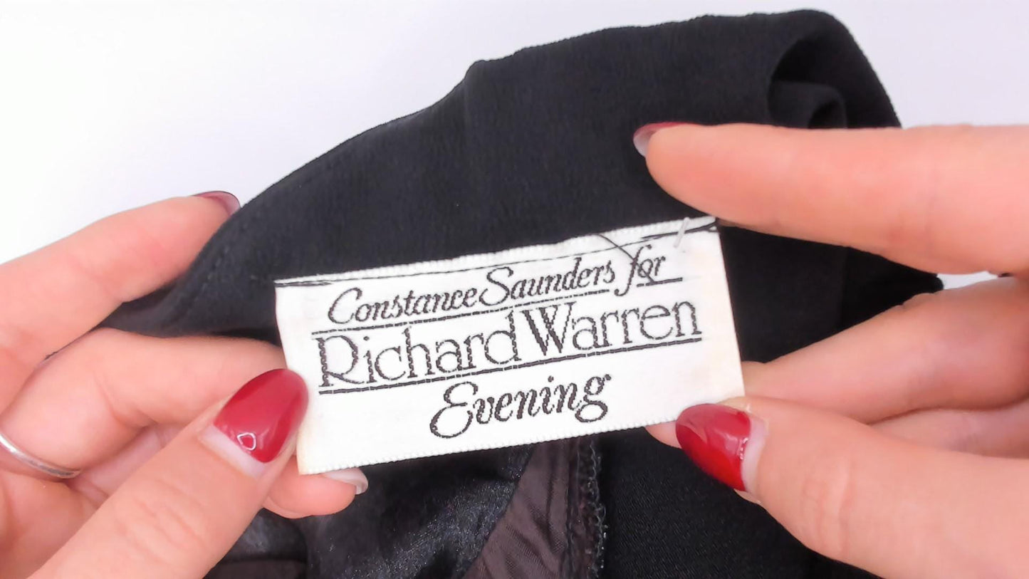 80s Richard Warren Evening Black Mini Dress Rhinestone Brooch Small Medium