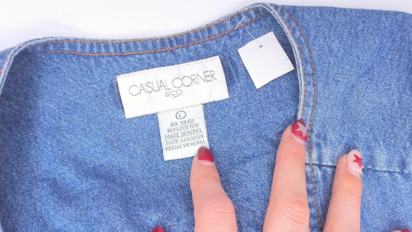 90s Casual Corner Denim Maxi Dress Floral Embroidered V-Neck Button Front Large