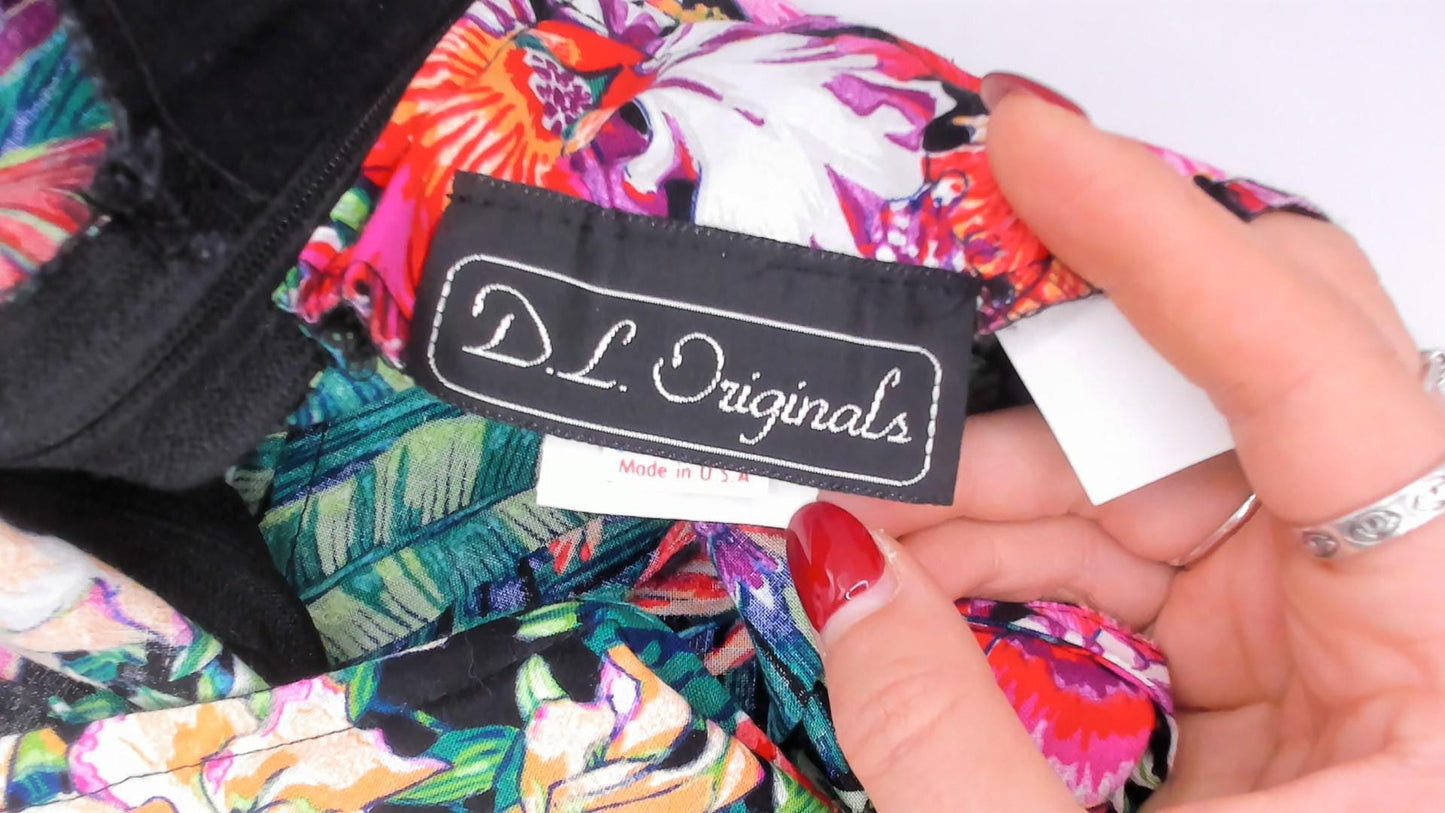 90s D.L. Originals Tropical Floral Sundress Black Pink Cotton Plus Size 1X