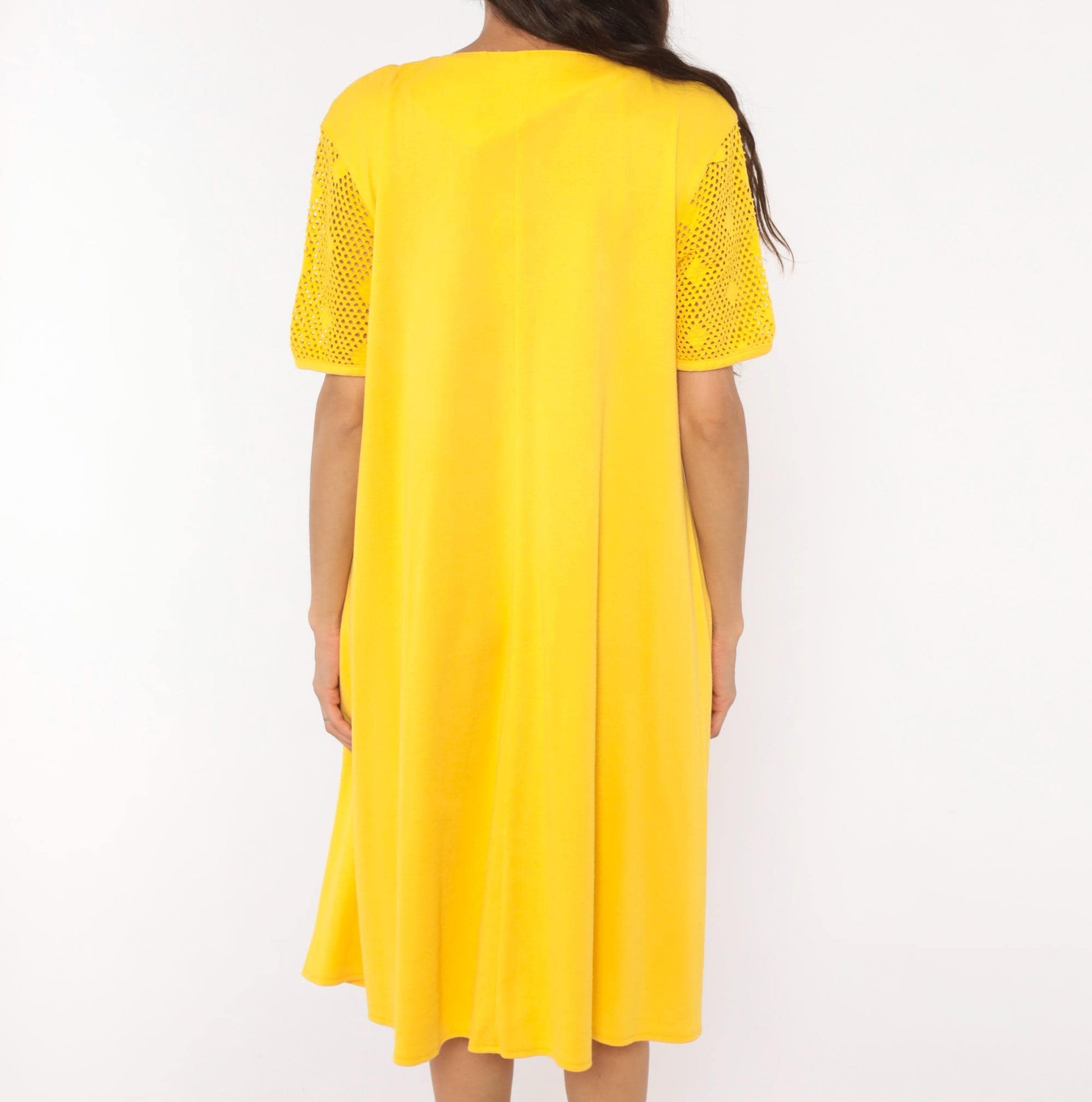 90s Leisure Living Sunflower Embroidered Dress Yellow Cotton Mesh Sleeve Small