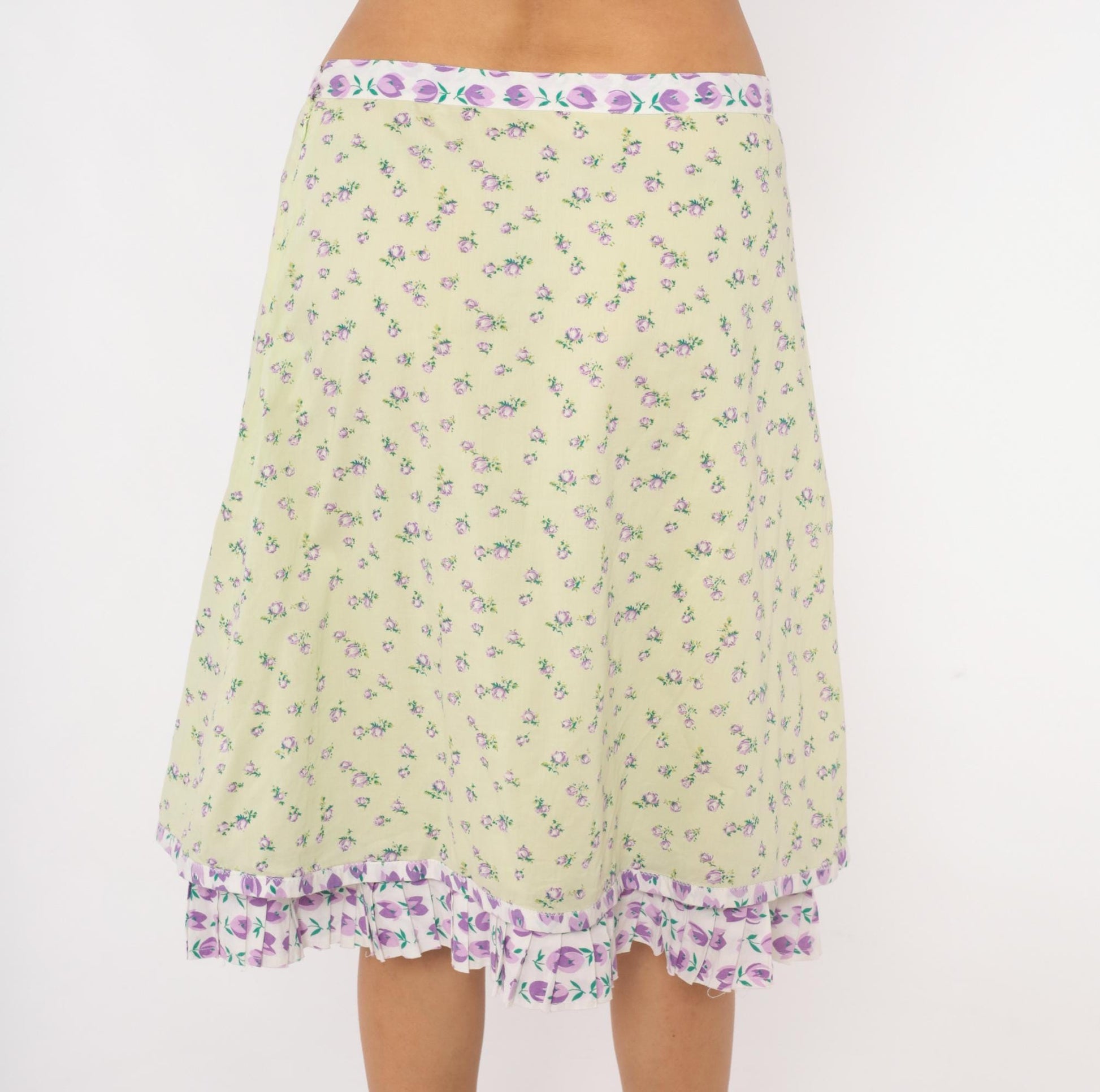 2000s Snak Floral A-Line Skirt Pale Green Purple Rose Print Knee-Length Medium M