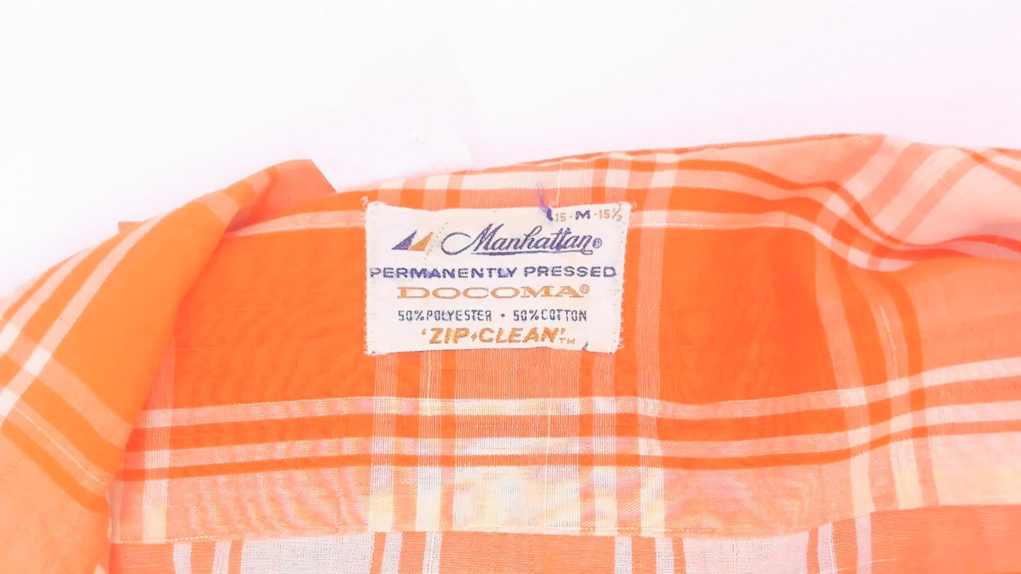 70s Manhattan Docoma Orange Plaid Button-Up Shirt Cream Check Short Sleeve Medium