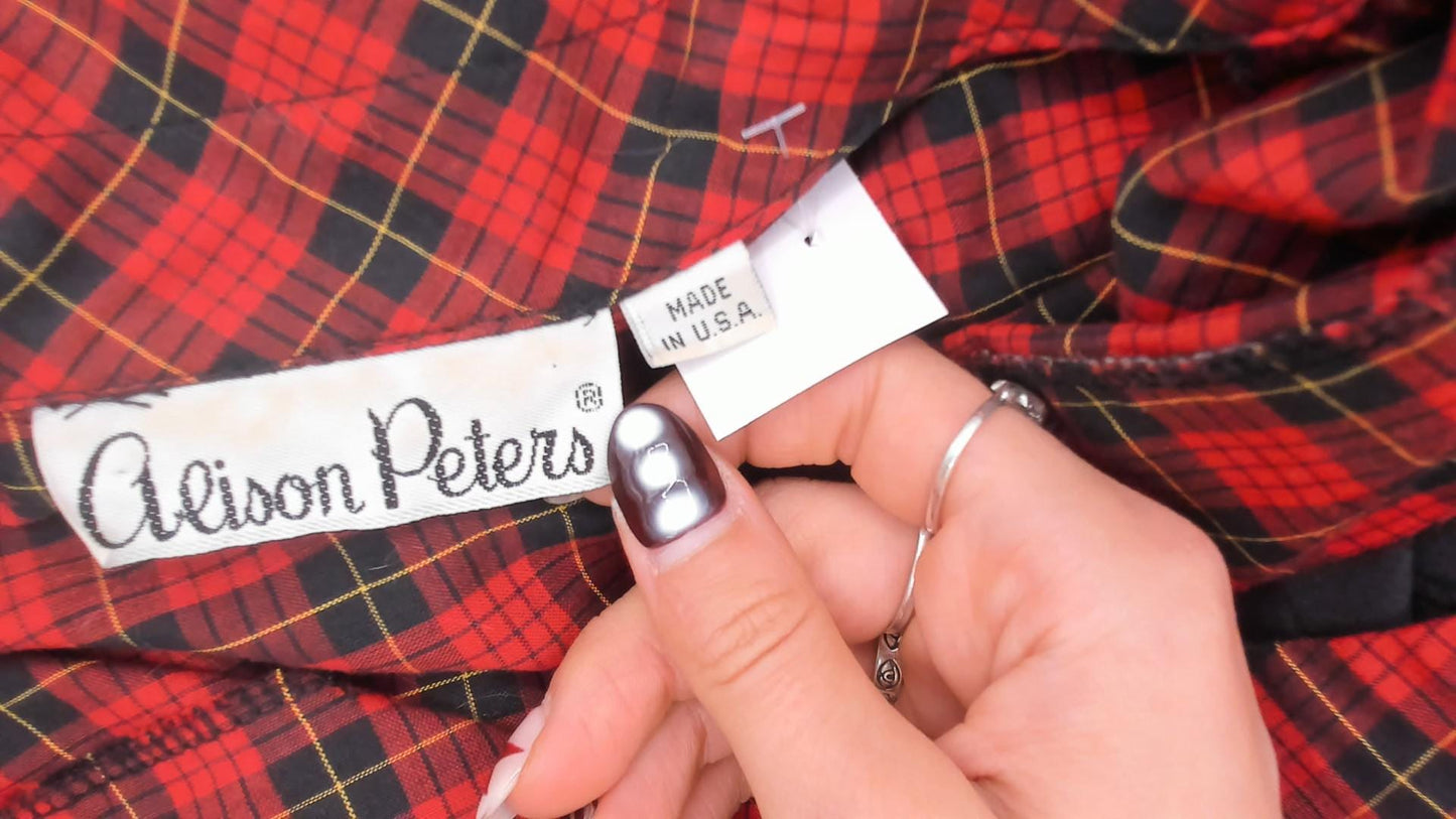 80s Alison Peters Plaid Shirtdress Red Black Tartan Midi Pleated Cotton Medium Large