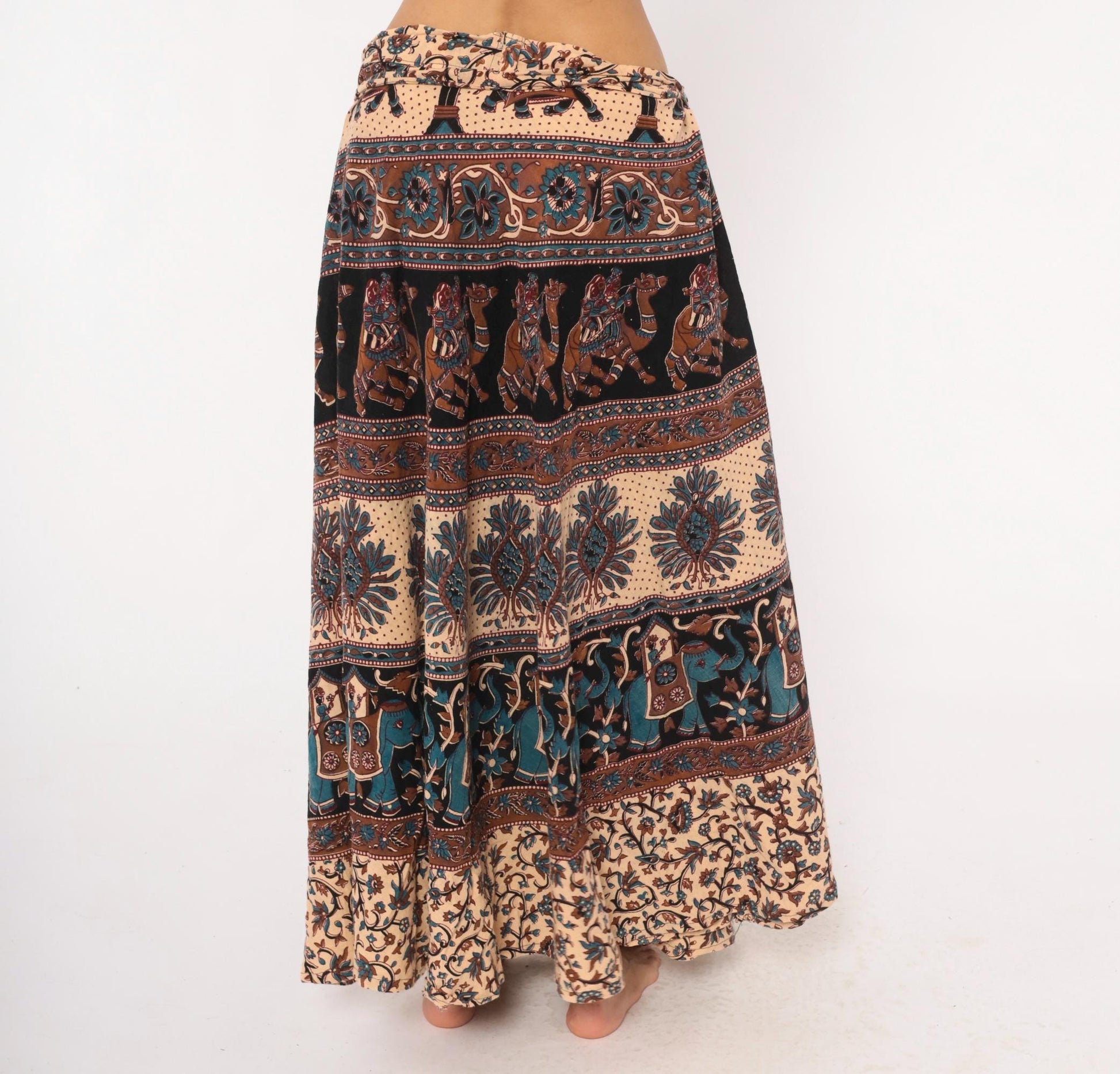 90s Indian Block Print Cotton Wrap Skirt Elephant Peacock Tan Black Teal Small-Large