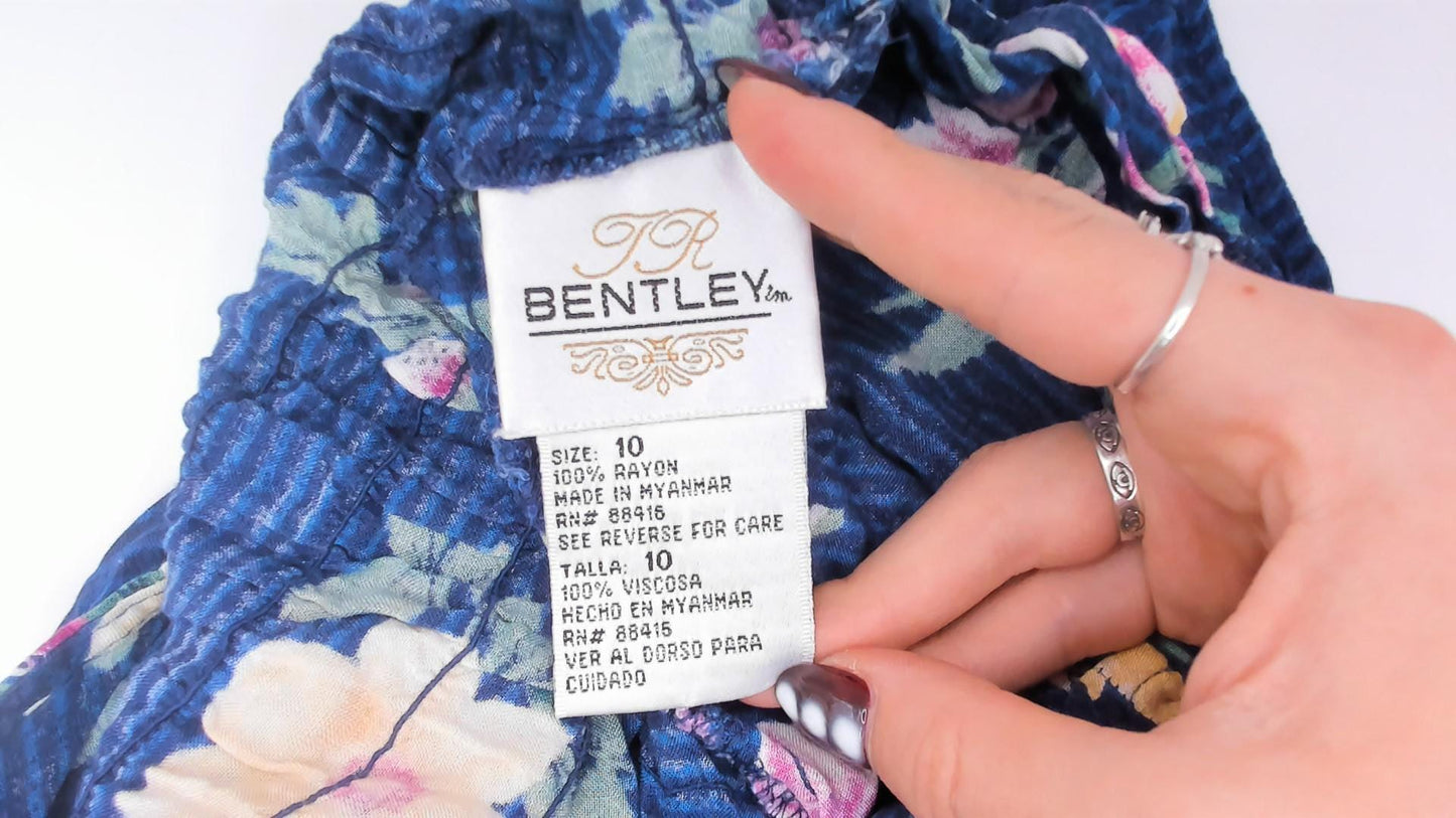 90s Tr Bentley Floral Sundress Navy Blue Yellow Rose Print Medium M