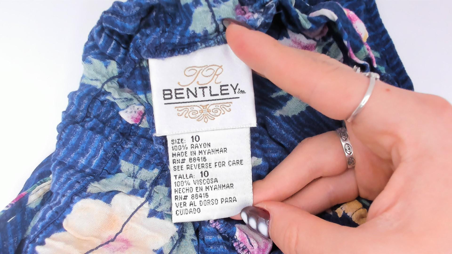 90s Tr Bentley Floral Sundress Navy Blue Yellow Rose Print Medium M