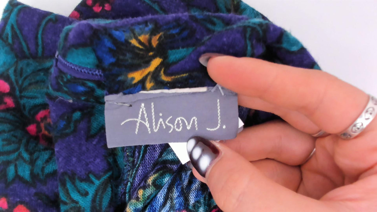 90s Alison J. Floral Mock Neck Midi Dress Purple Teal Long Sleeve Large L