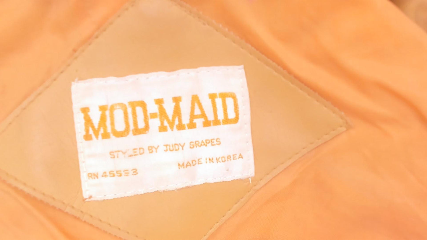 70s Mod-Maid Vinyl Coat Tan Button Front Notched Collar Mini Trench Large L