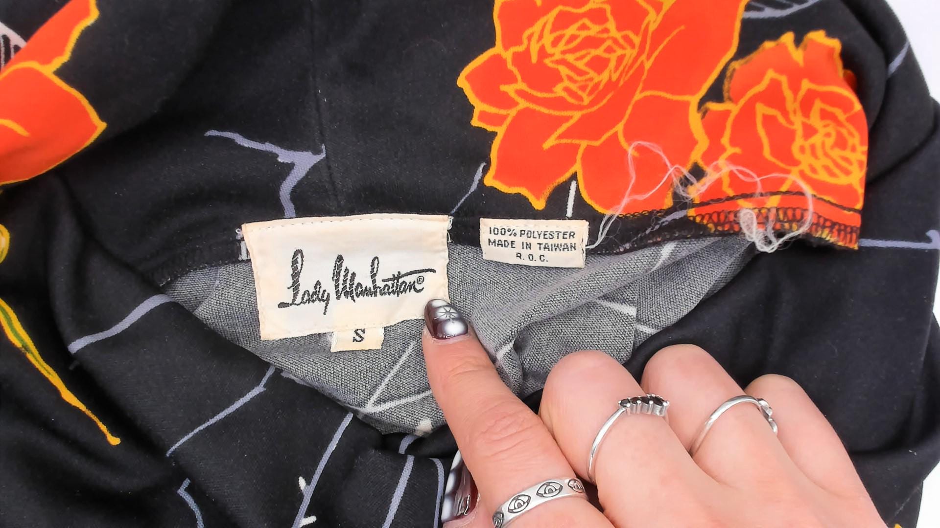 70s Lady Manhattan Cowl Neck Blouse Black Orange Rose Print Long Sleeve Small