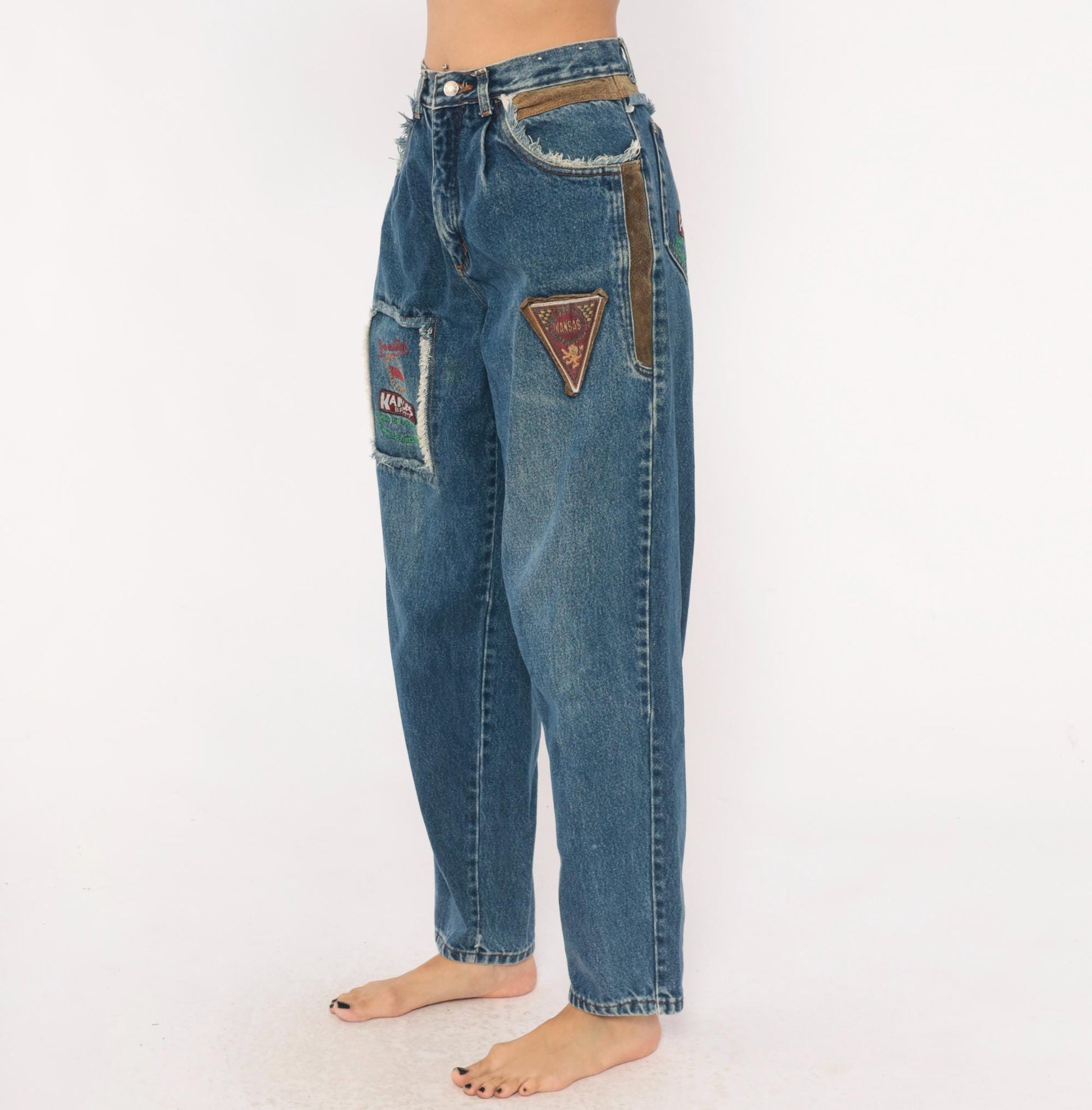 90s Kansas Brand Patchwork Denim Jeans High-Waisted Tapered Blue Suede Trim Small