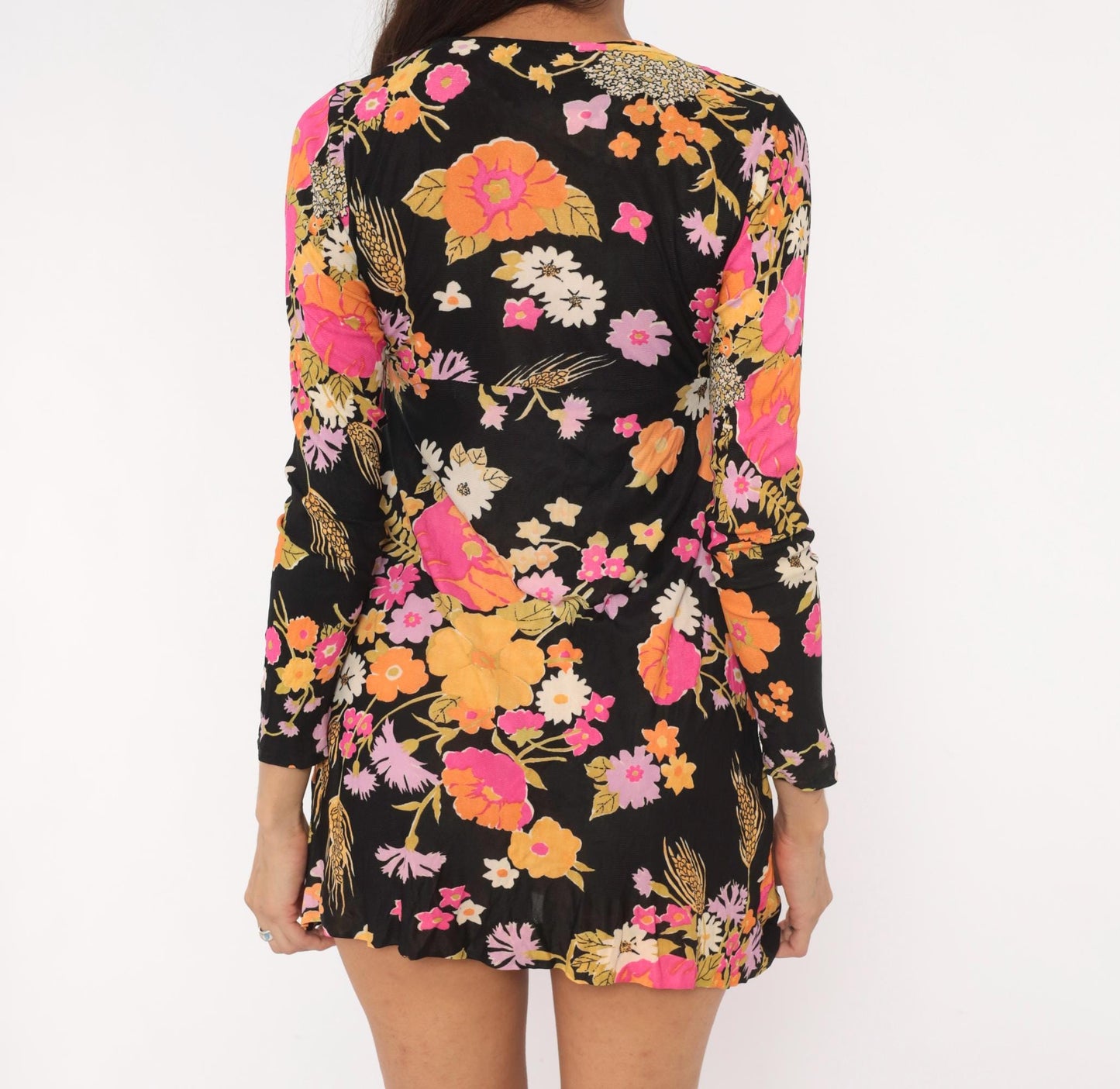 70s The Company Floral Mini Dress Black Pink Orange V-Neck Long Sleeve Small