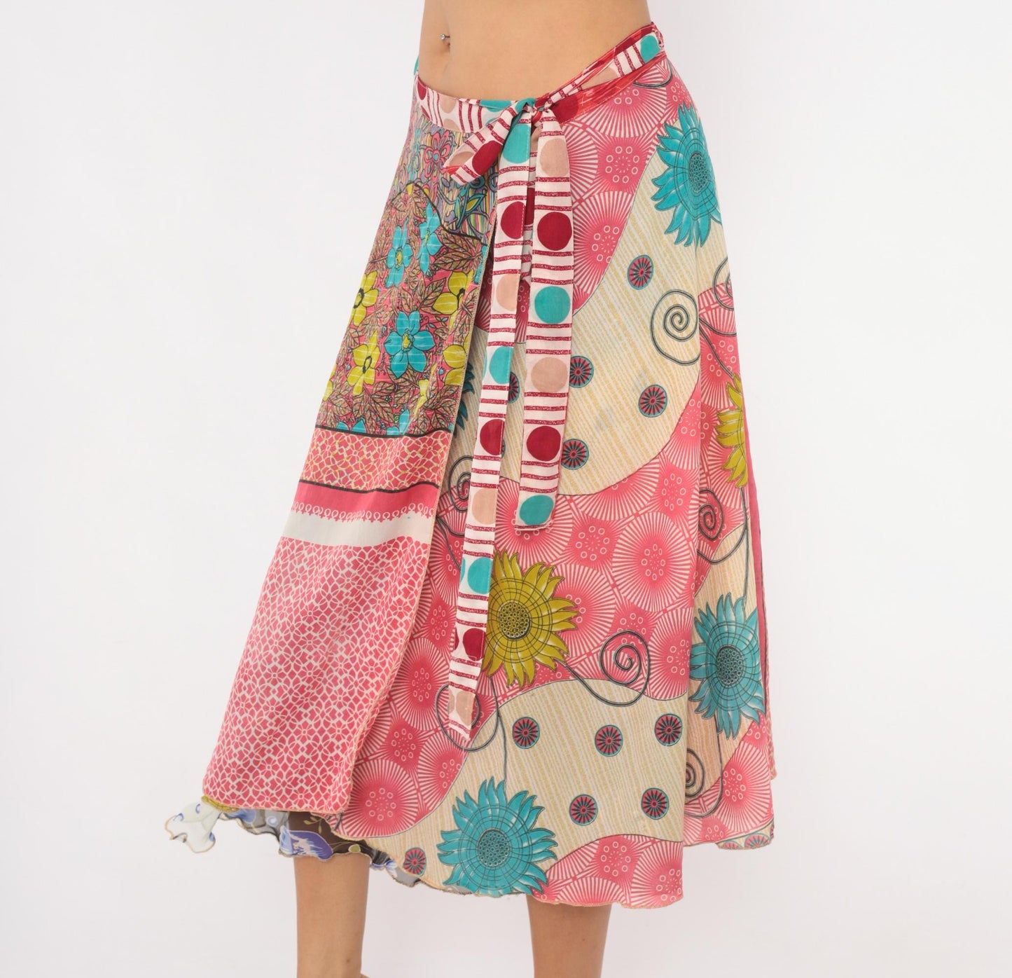 Y2K Kariza Reversible Wrap Midi Skirt Floral Patchwork Blue Pink Medium Large