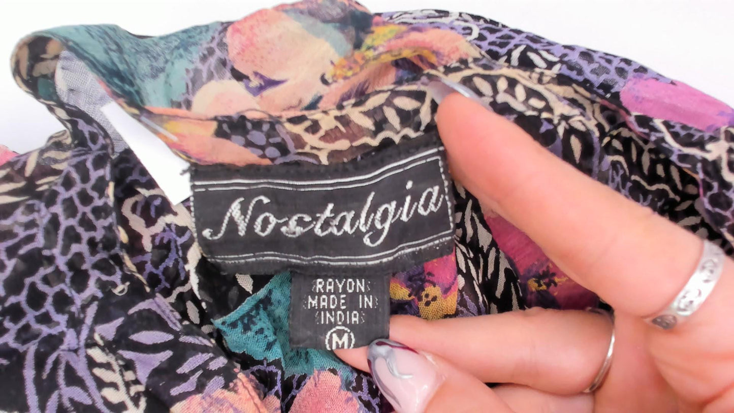 90s Nostalgia Floral Midi Dress Button Front Short Sleeve Purple Pink Teal Medium