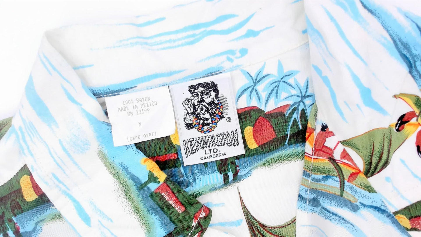 90s Kennington Ltd Hawaiian Shirt Polynesian Island Scene Blue Rayon Medium