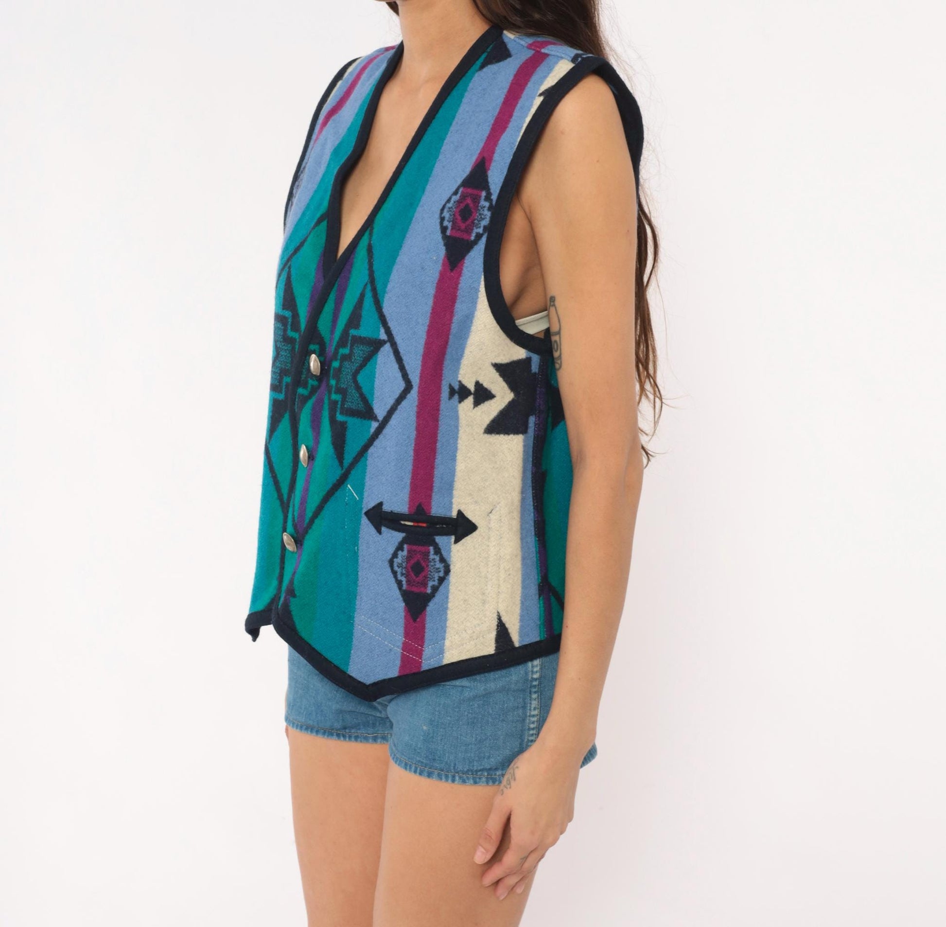 90s Southwestern Wool Vest Navy Geometric Aztec Concho Buttons Large L