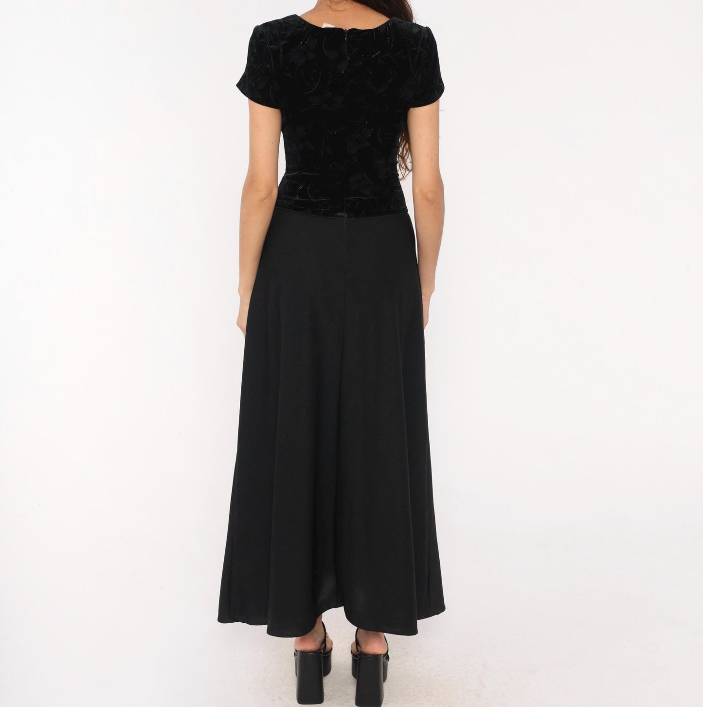 90s Southeastern Velvet Burnout Maxi Dress Black Floral V-Neck Extra Small