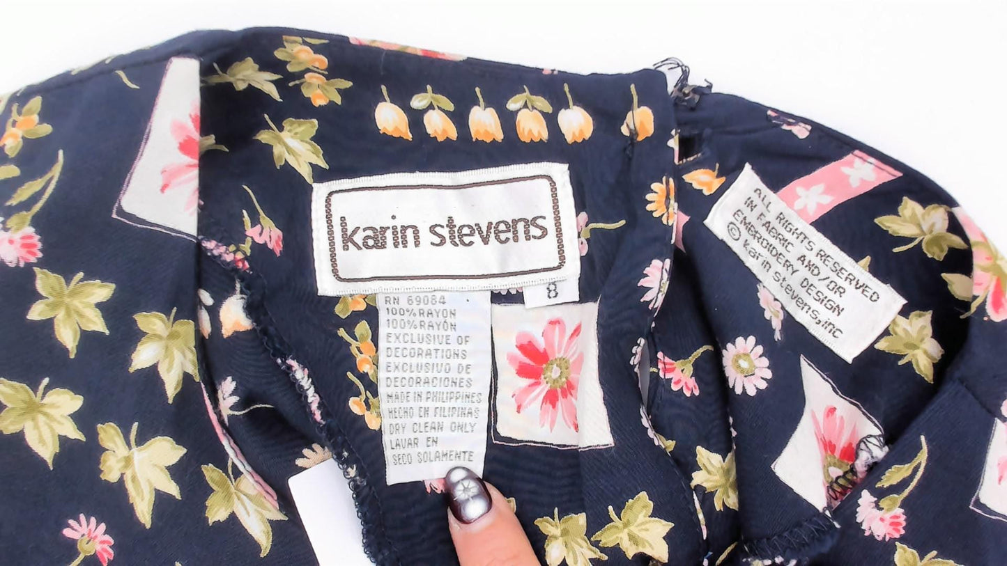 90s Karin Stevens Botanical Midi Dress Navy Floral Puff Sleeve Medium M