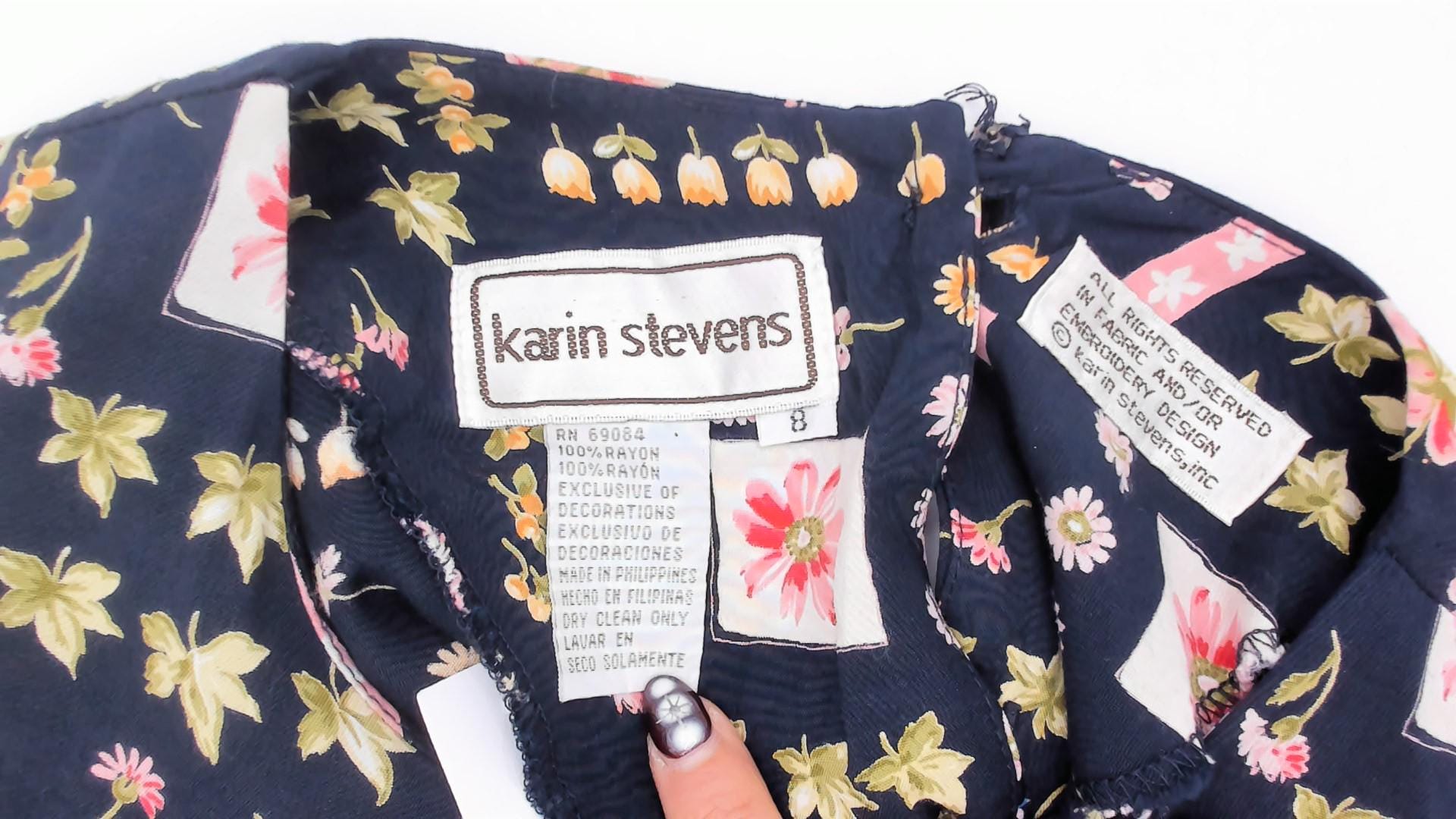 90s Karin Stevens Botanical Midi Dress Navy Floral Puff Sleeve Medium M