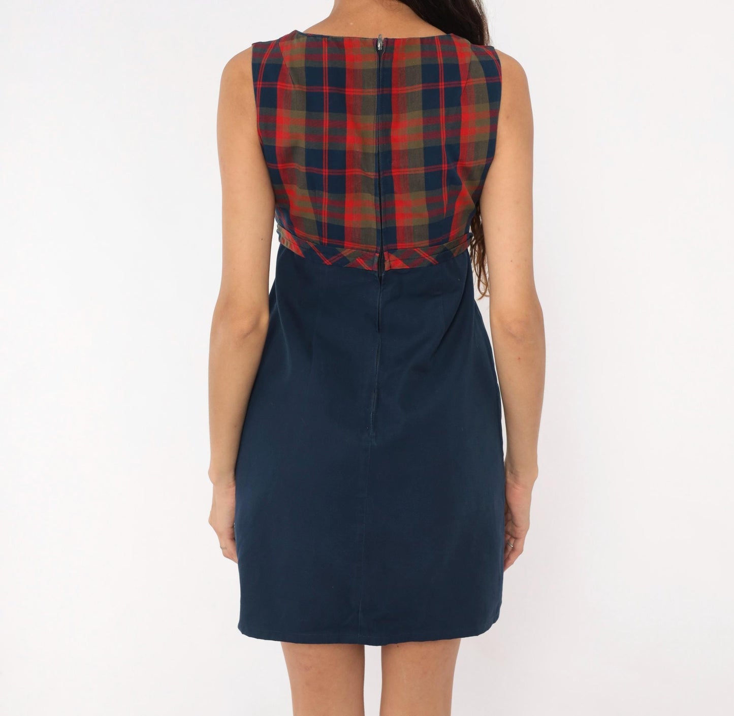60s College Town Boston Plaid Mini Dress Navy Red Tartan Shift Tie Waist Extra Small XS