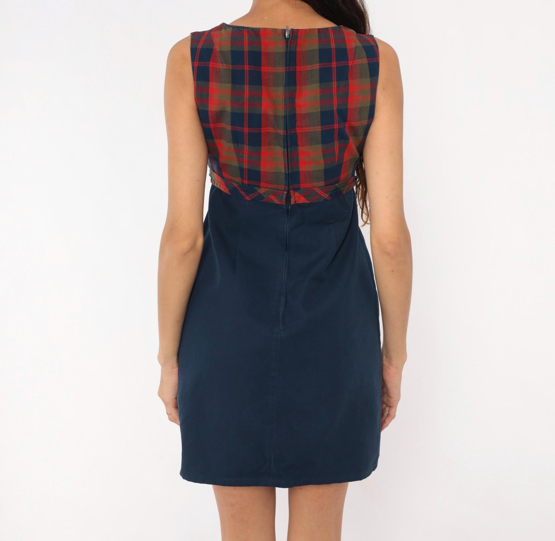60s College Town Boston Plaid Mini Dress Navy Red Tartan Shift Tie Waist Extra Small XS