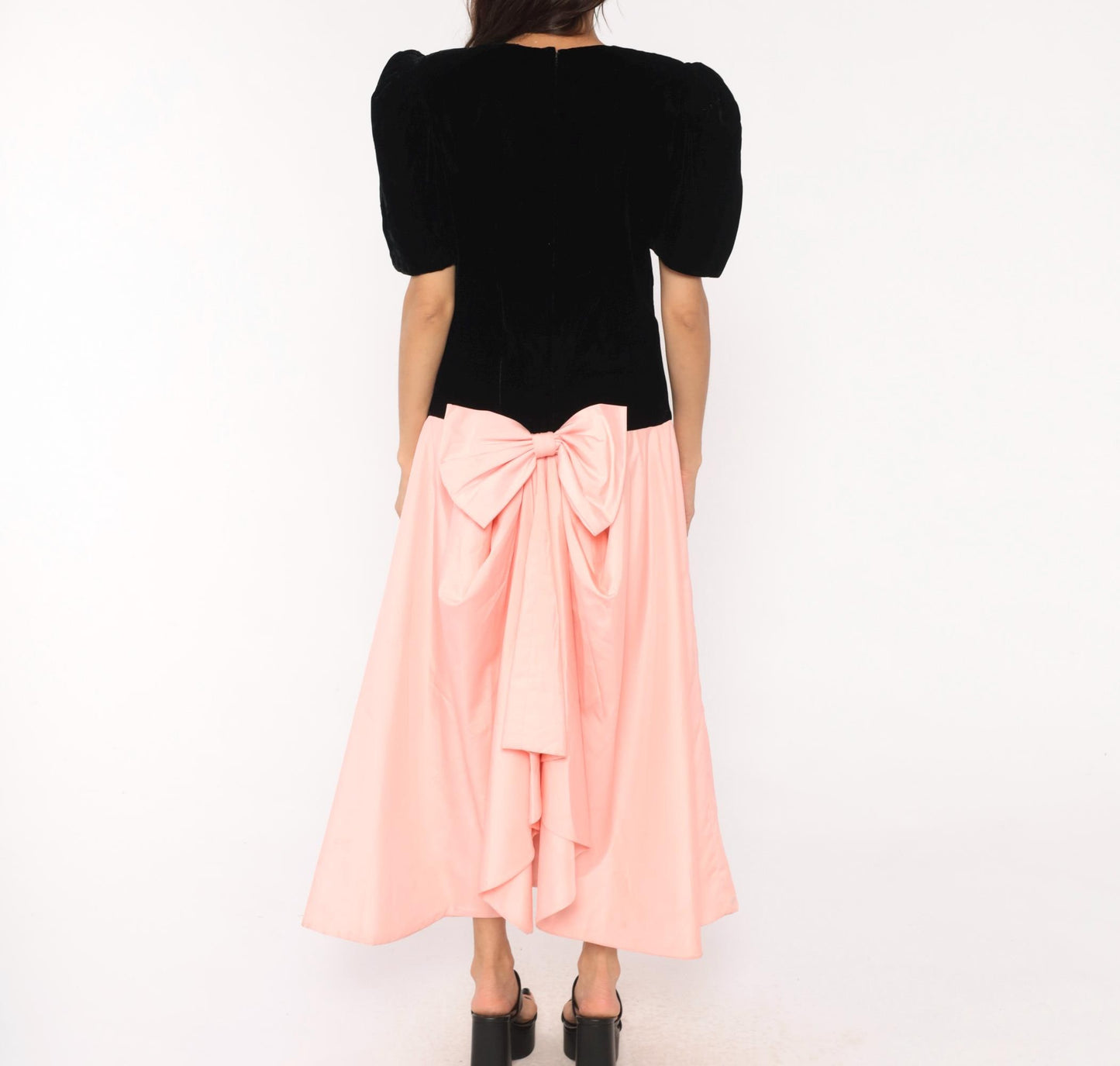80s S.G. Gilbert Black Velvet Puff Sleeve Maxi Dress Pink Satin Bow Large