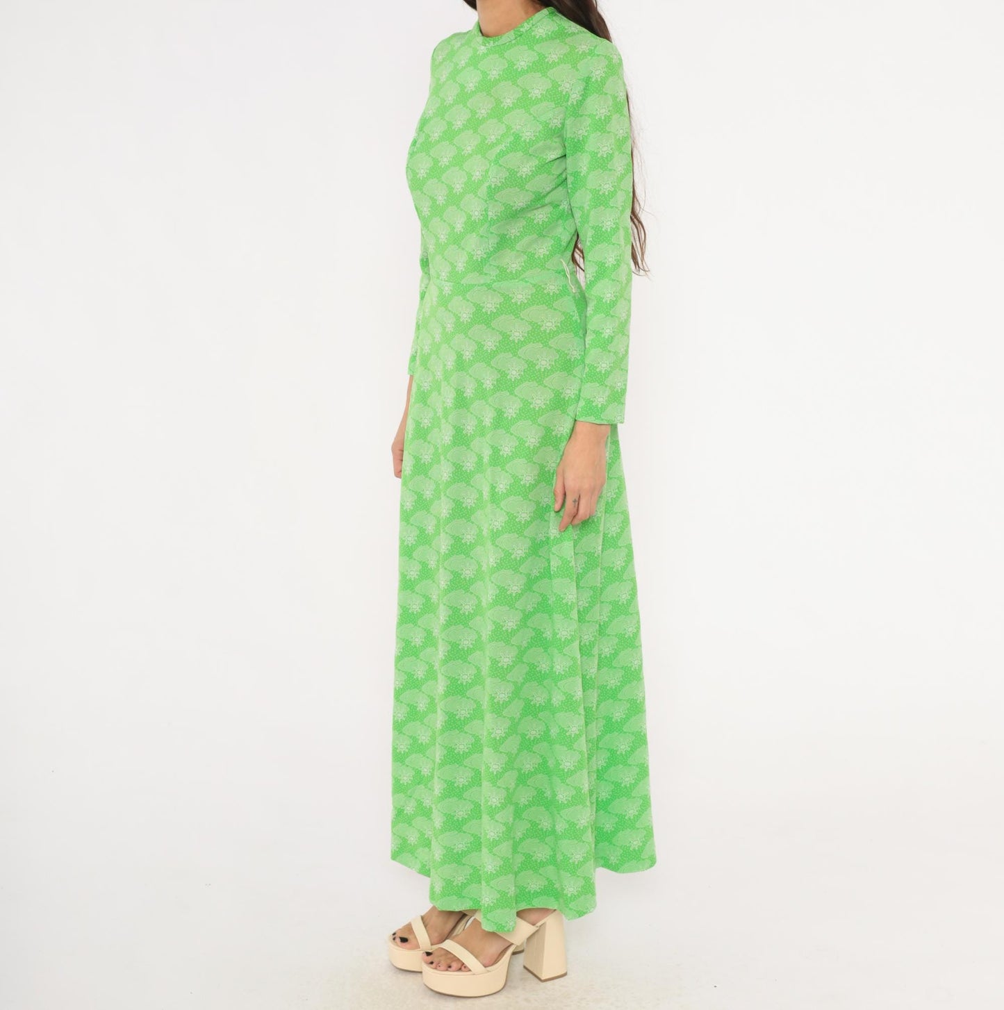 70s Green Maxi Dress Sun Cloud Print Long Sleeve Knit Small