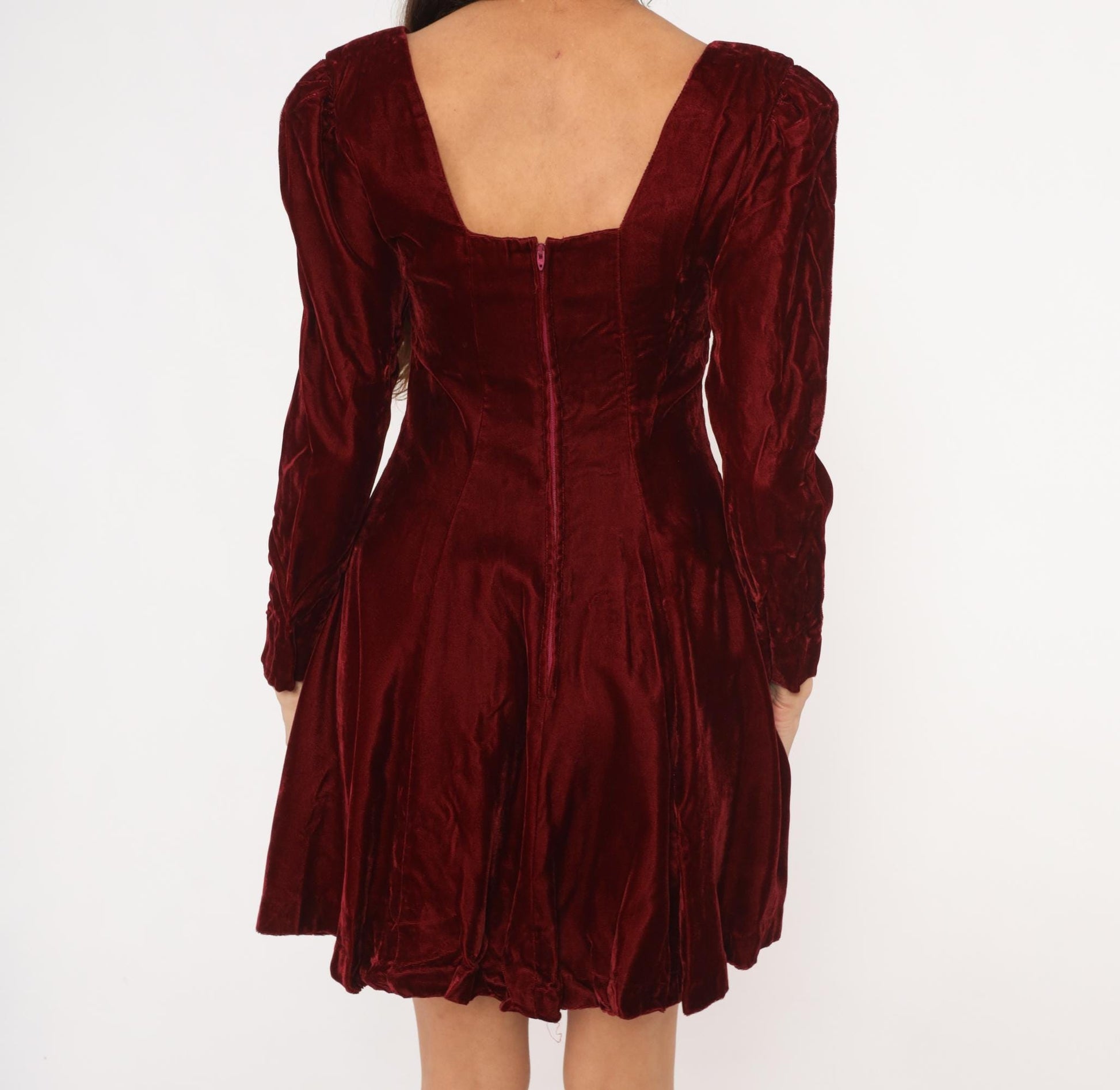 90s Perspective Burgundy Velvet Mini Dress Sweetheart Neckline Puff Sleeve Small S