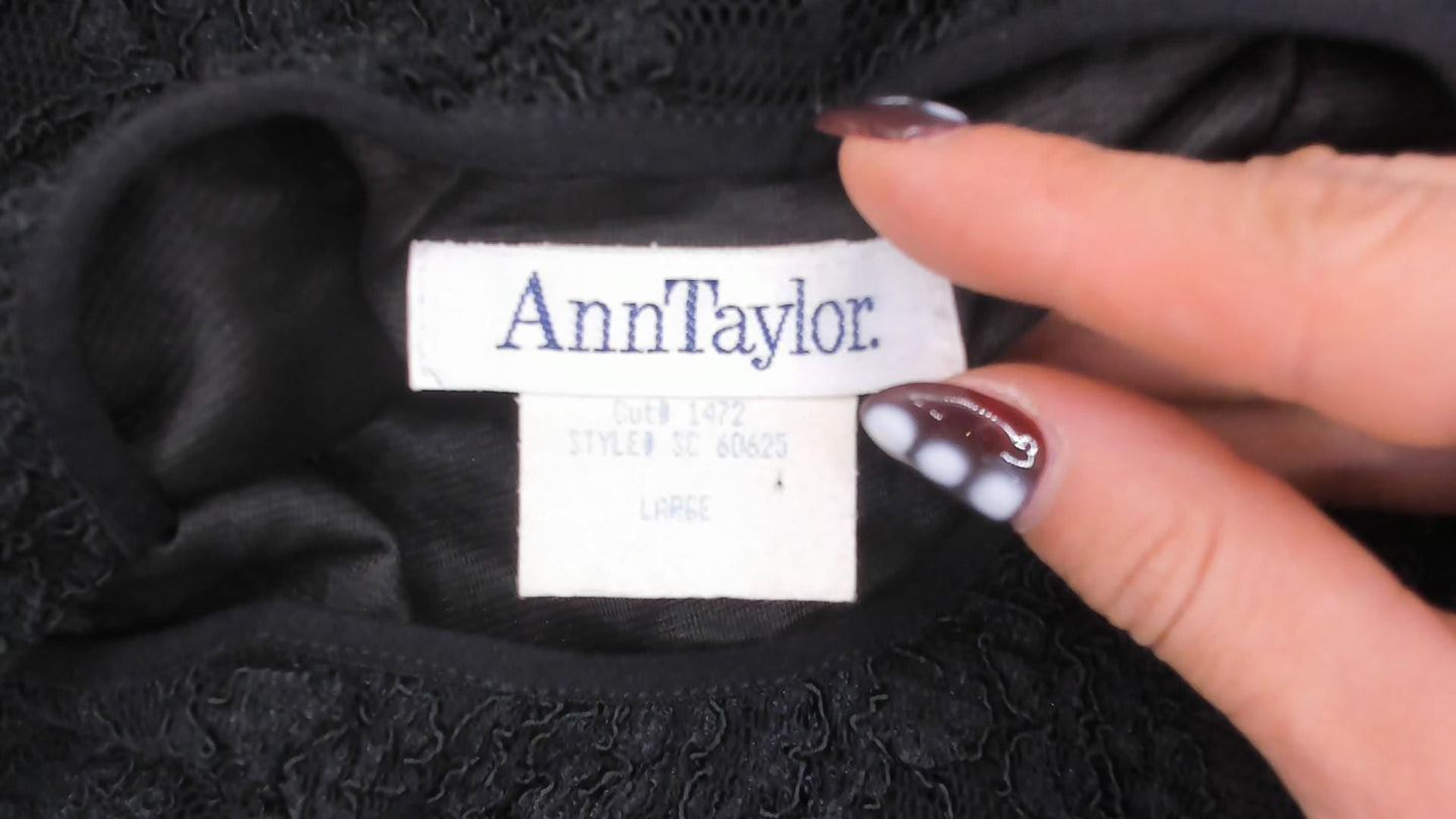 90s Ann Taylor Black Lace Bodysuit Long Sleeve Floral Overlay Large L