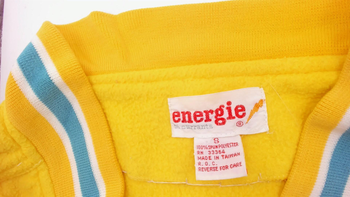 90s Energie Yellow Varsity Cardigan Baseball Patch Teal Striped Small S