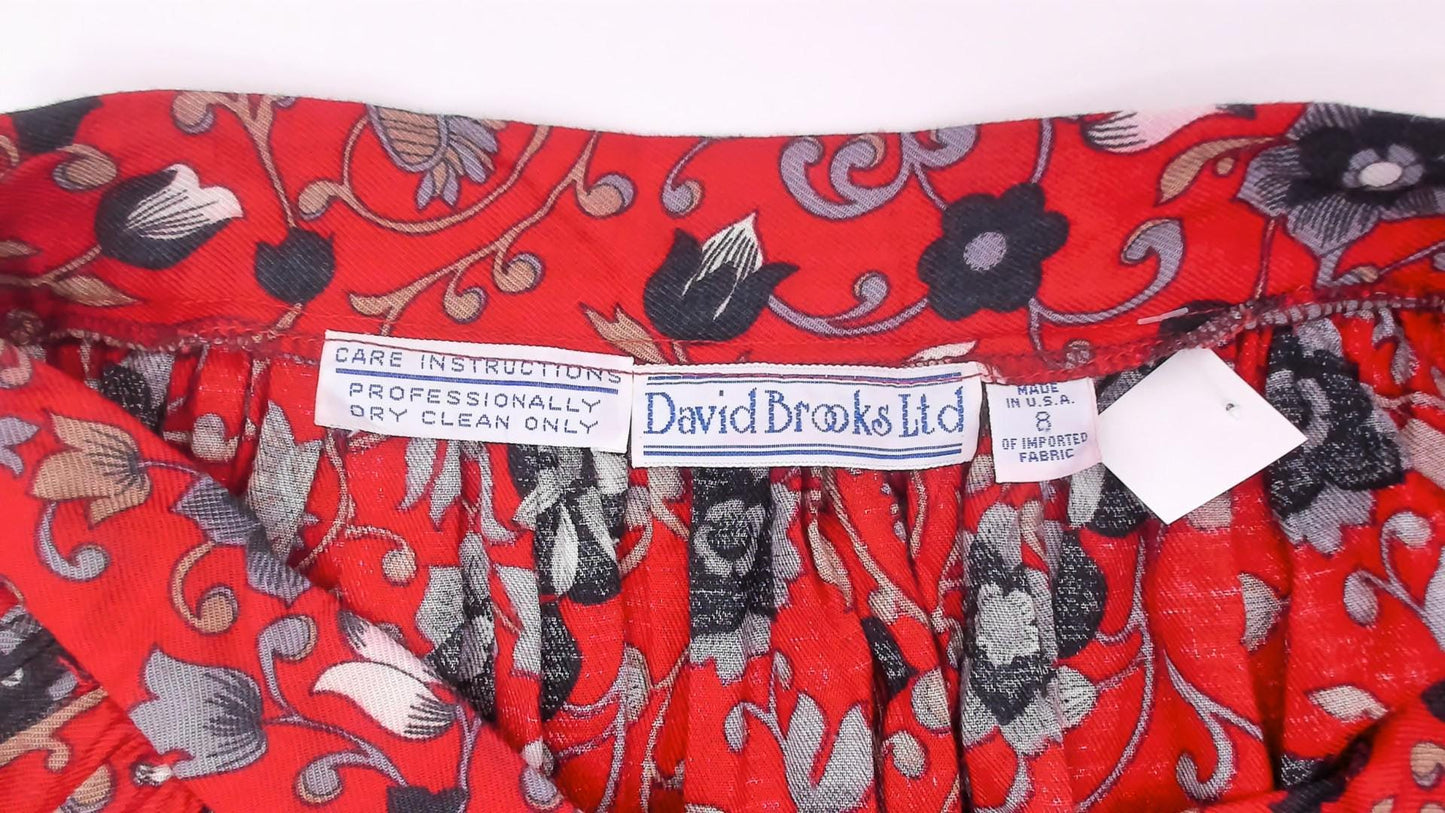 80s David Brooks Floral Midi Skirt Crimson Botanical Gathered Waist Small