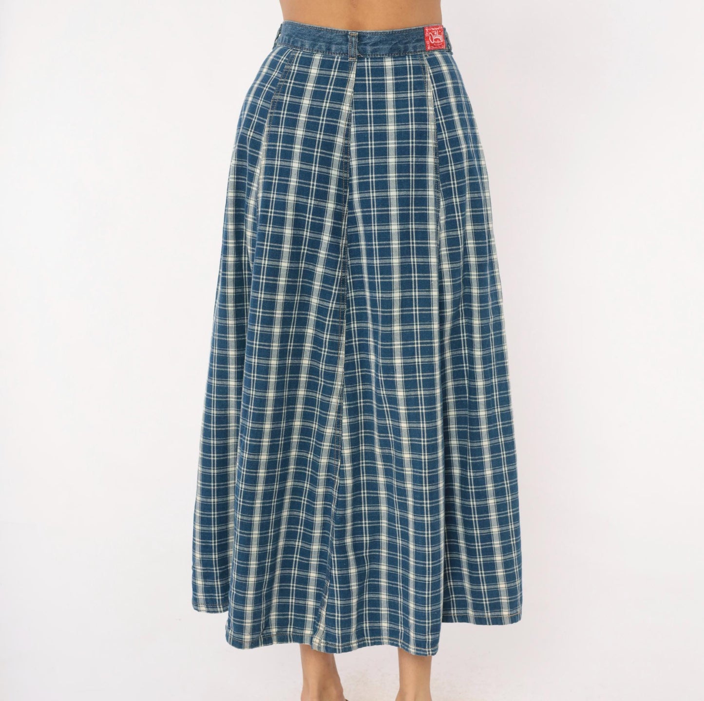 90s Outlaw Blue Plaid Cotton Midi Skirt Button Front XS