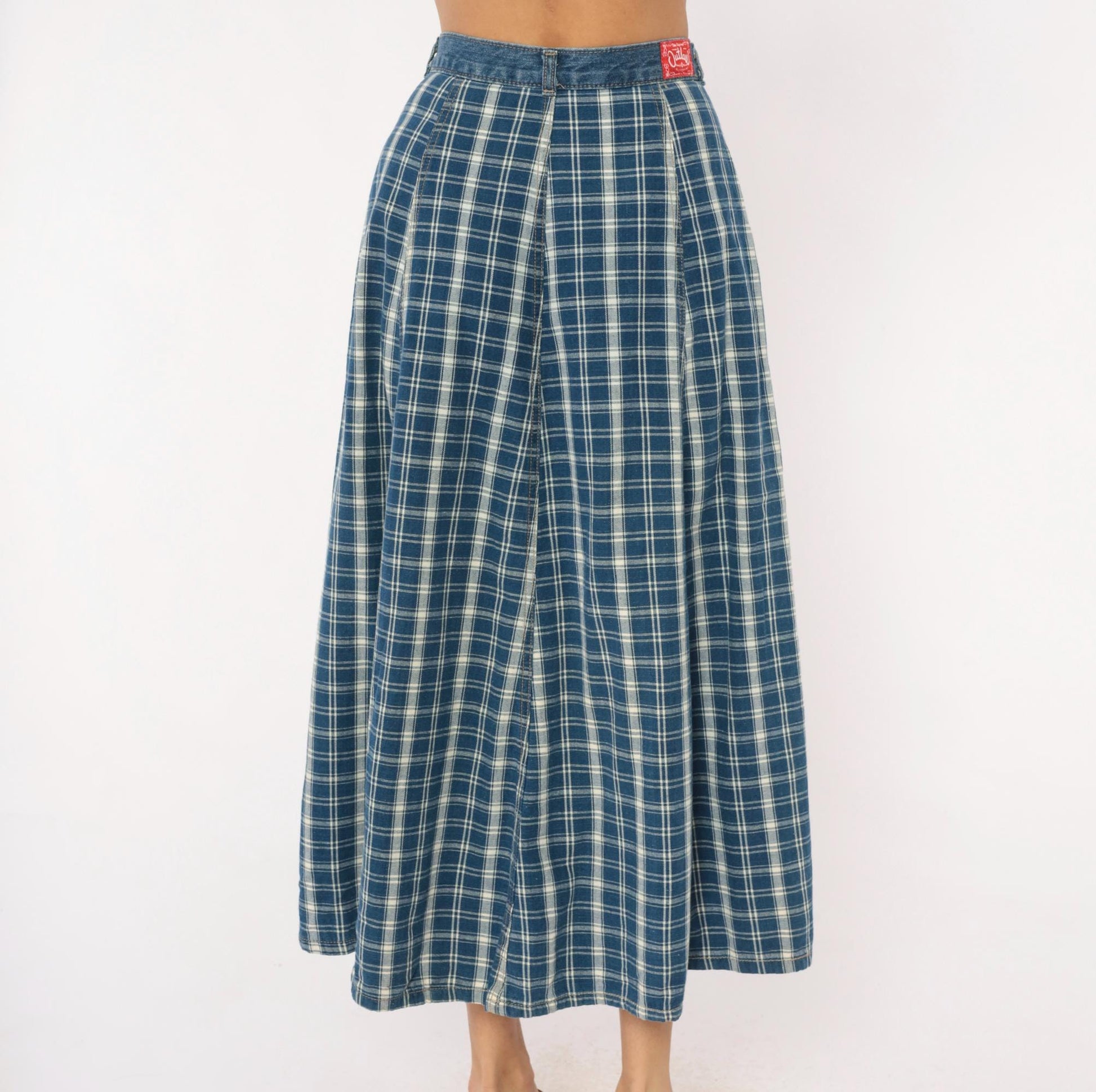 90s Outlaw Blue Plaid Cotton Midi Skirt Button Front XS