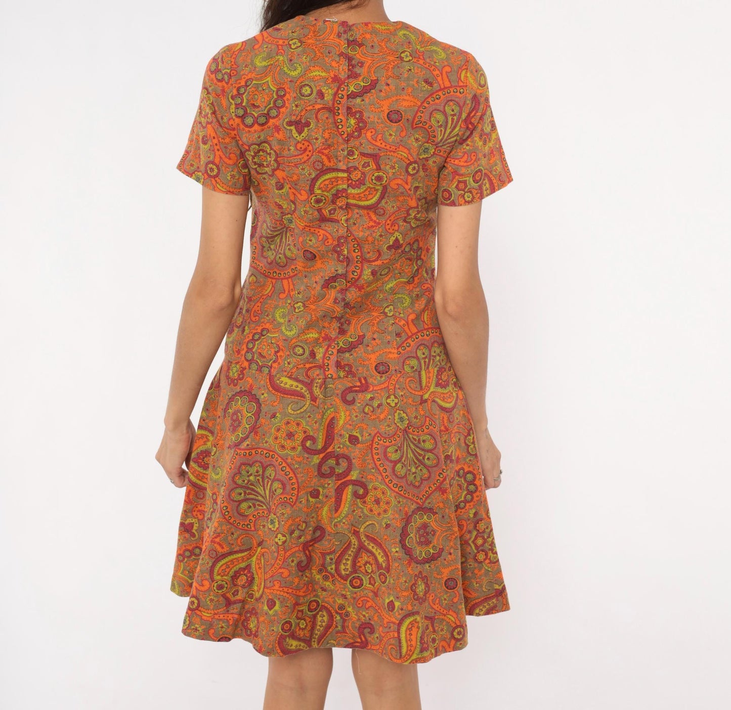 60s Junior West California Paisley Shift Dress Orange Cotton Small