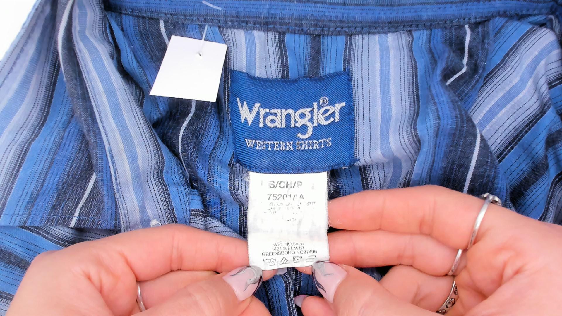 90s Wrangler Western Shirt Blue Striped Pearl Snap Pointed Collar Small S