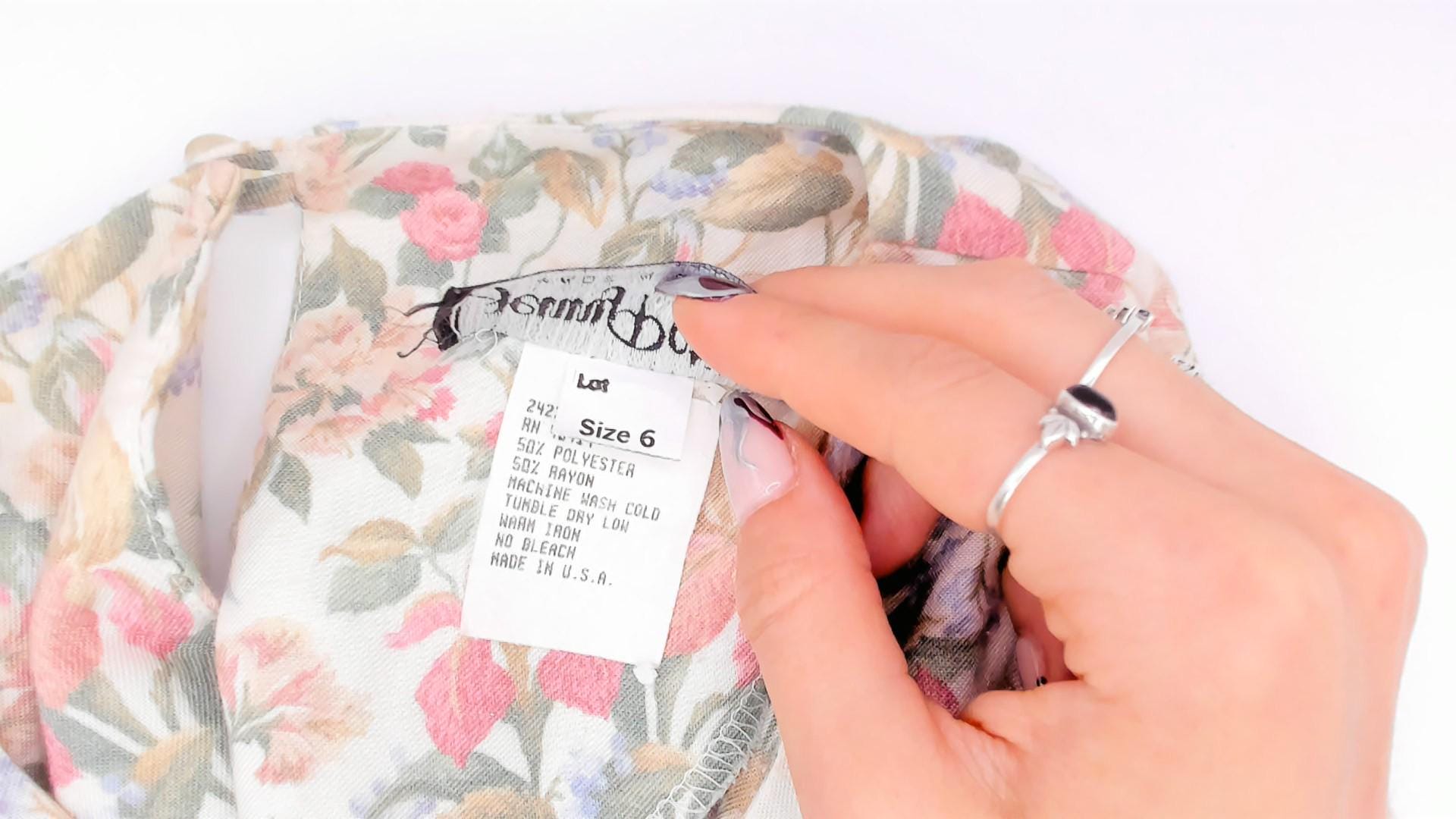 80s Jenny Petites Floral Puff Sleeve Dress Cream Pink Sage Small