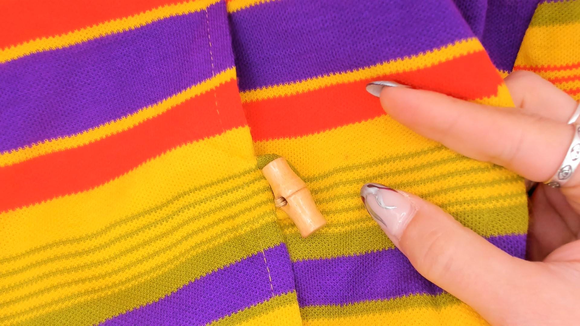70s Striped Hooded Jacket Multicolor Rainbow Button Front Extra Small