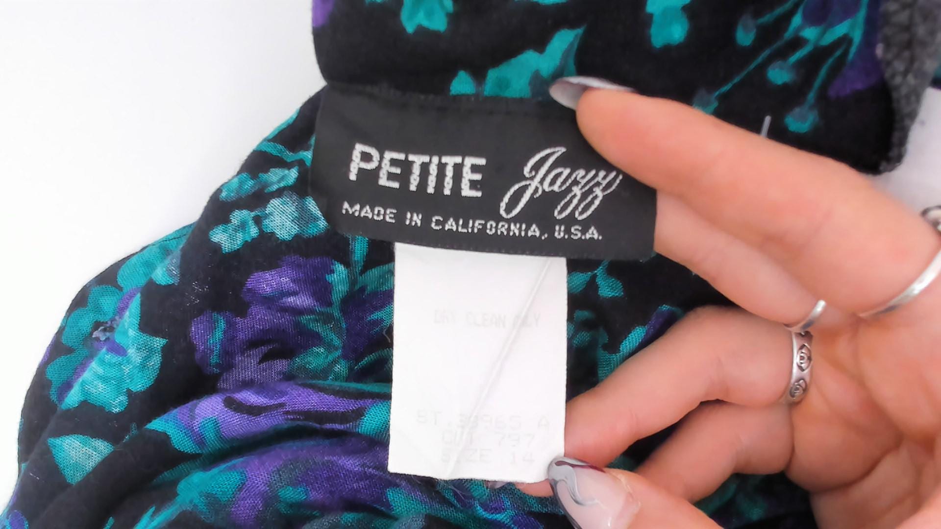 90s Petite Jazz Floral Button-Front Dress Teal Black Botanical Shoulder Pad Large