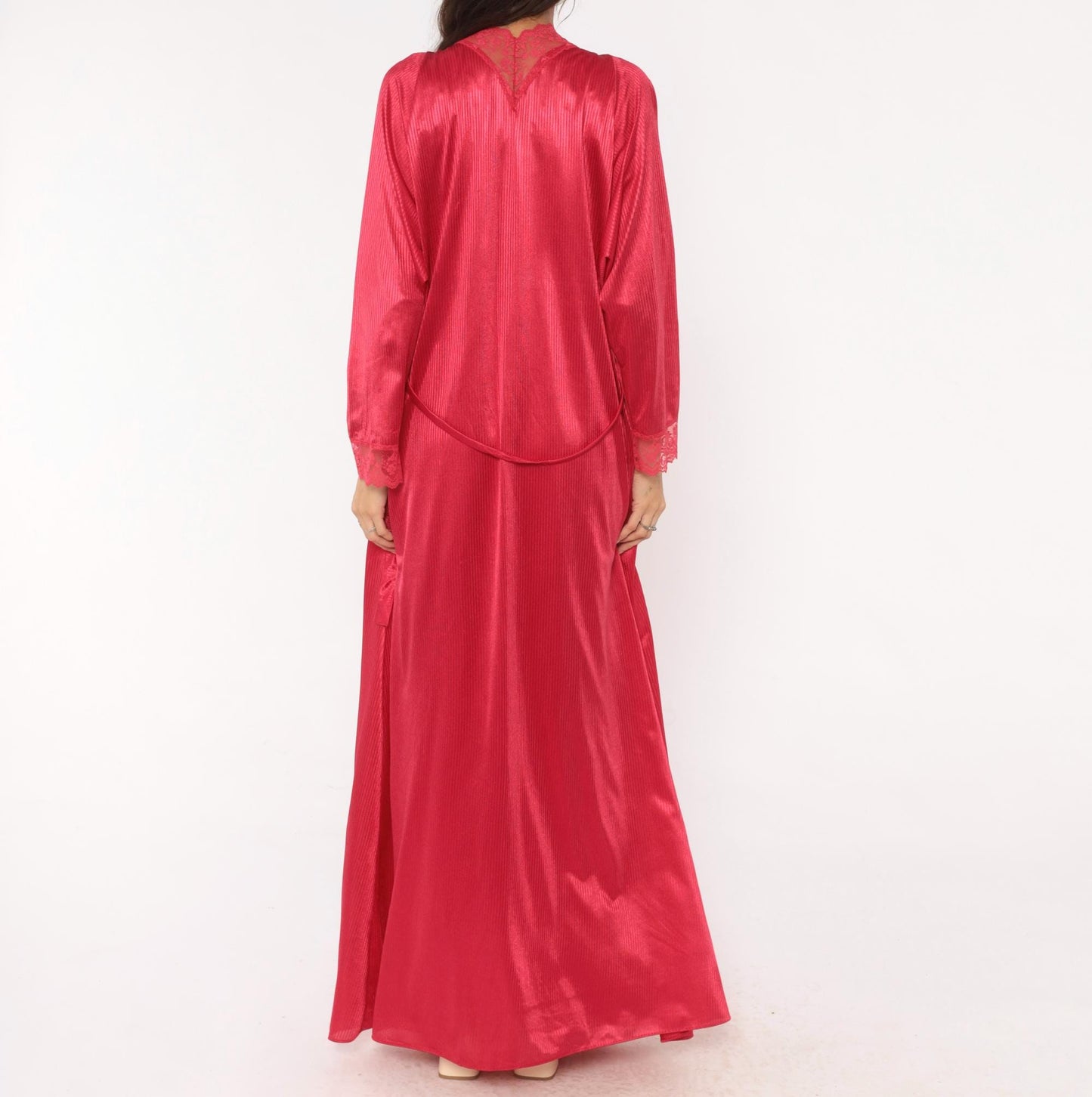 70s JCPenney Raspberry Nylon Nightgown Robe Set Deep V Lace Medium