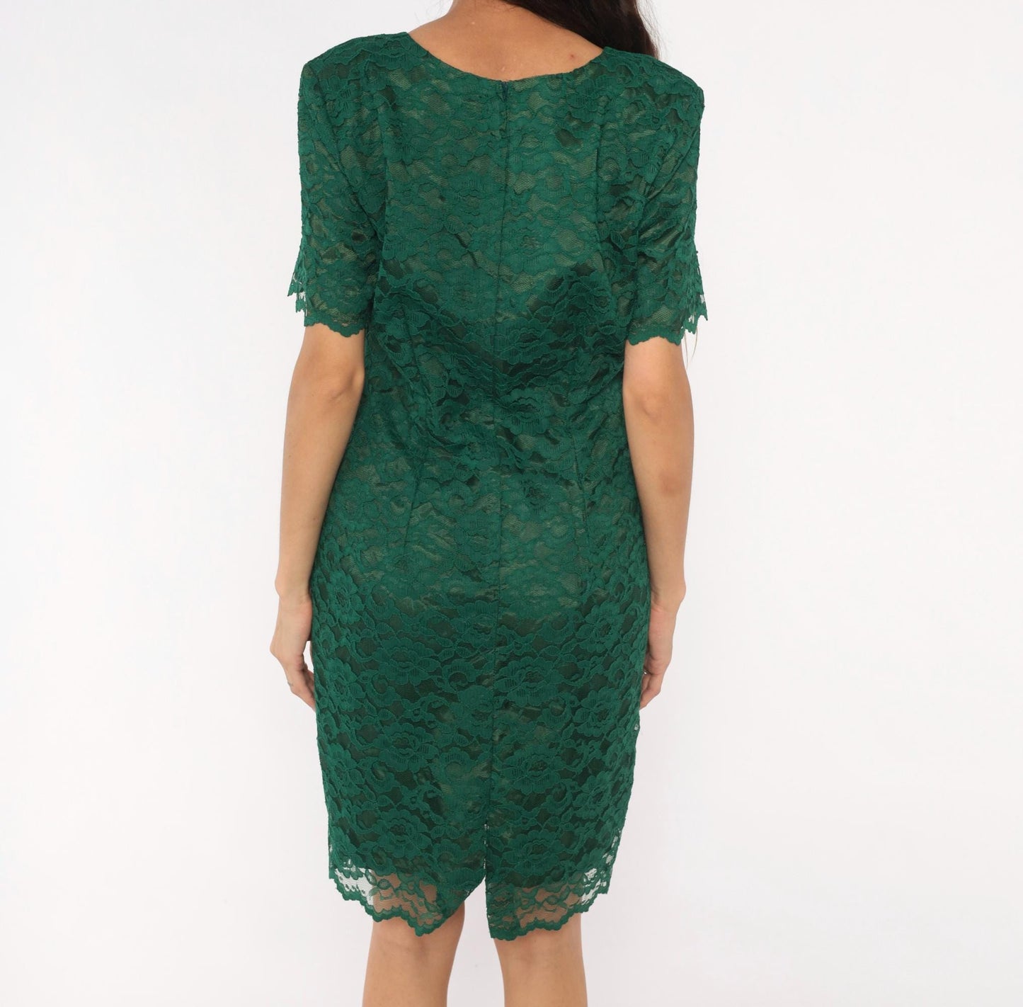 90s My Michelle Emerald Lace Dress Scalloped Short Sleeve Floral Overlay Large L