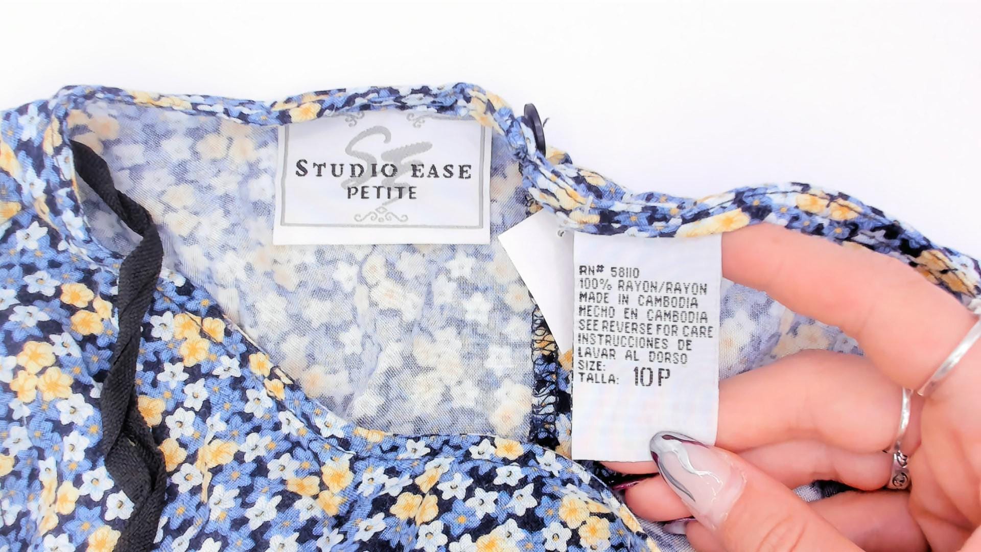90s Studio Ease Ditsy Floral Midi Dress Navy Blue Yellow Sleeveless Petite Medium