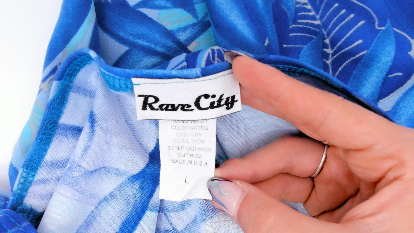 Y2K Rave City Blue Tropical Leaf Mini Dress Sleeveless Tie Shoulder Large L