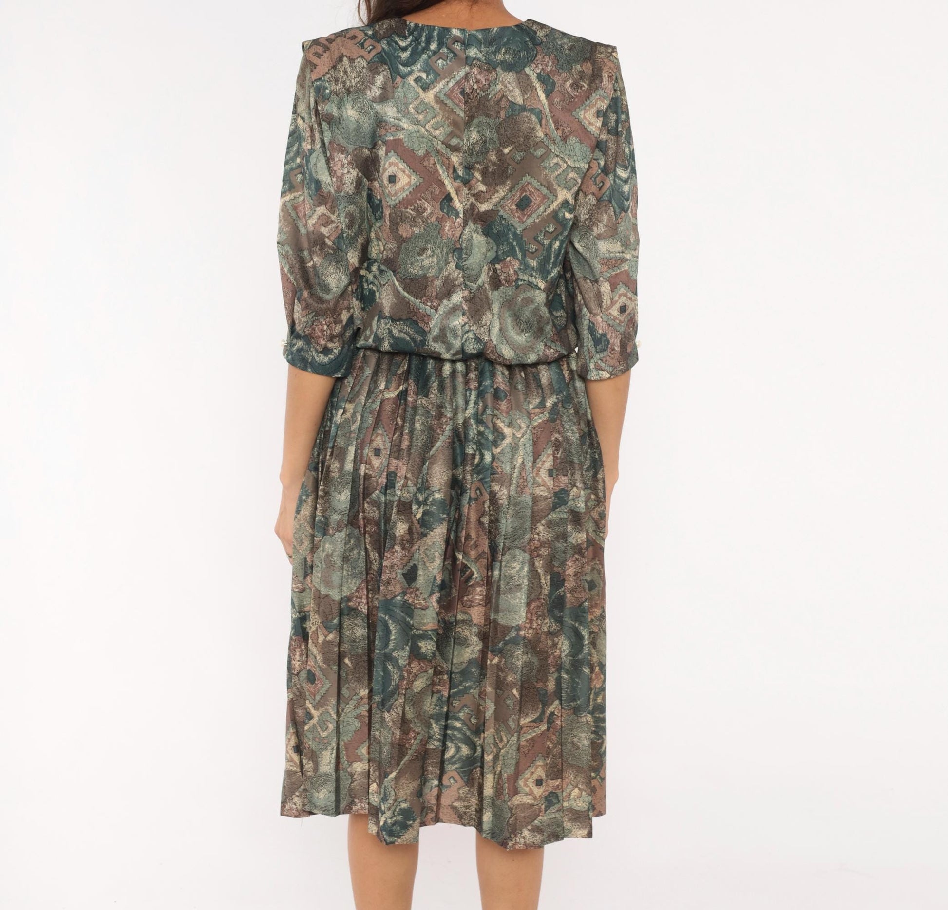 80s M.C.S.Ltd. Abstract Floral Patchwork Dress Puff Sleeve Pleated Knee Teal Medium Large