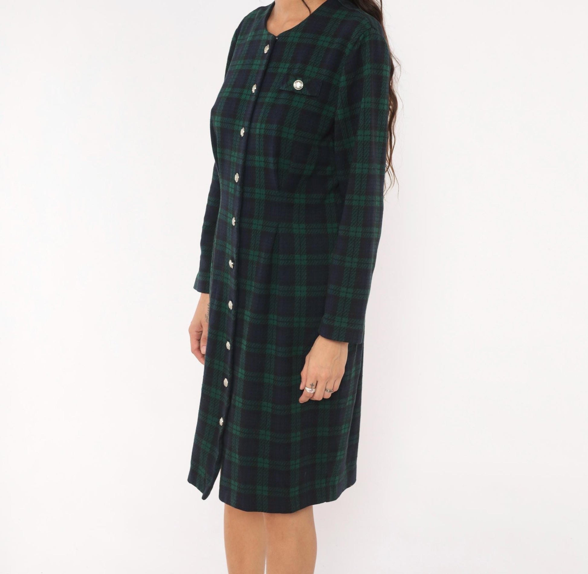 90s Miss Dorby Tartan Plaid Button-Front Shirtdress Navy Teal Cotton Large L