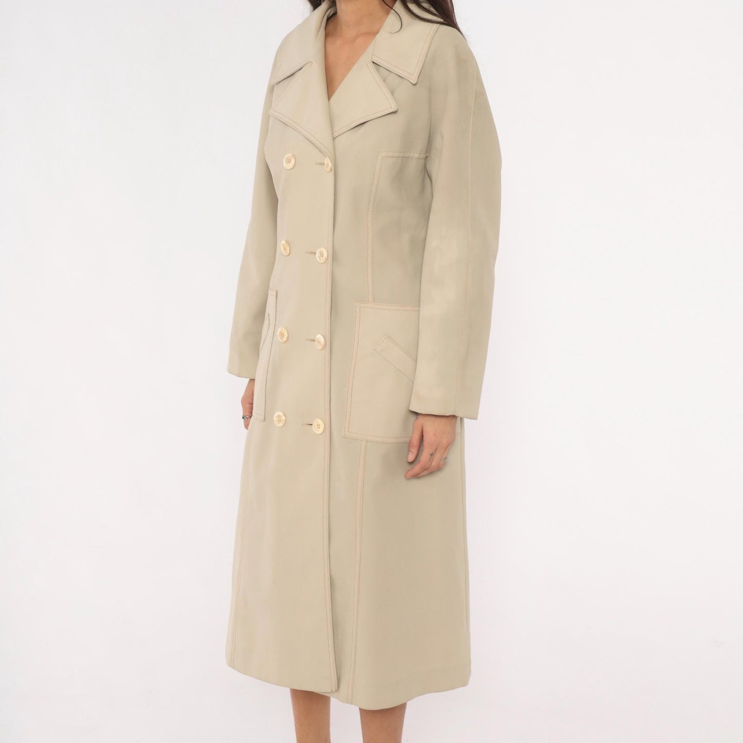 80s Double Breasted Trench Coat Beige Mid-Calf Belted Jacket Medium