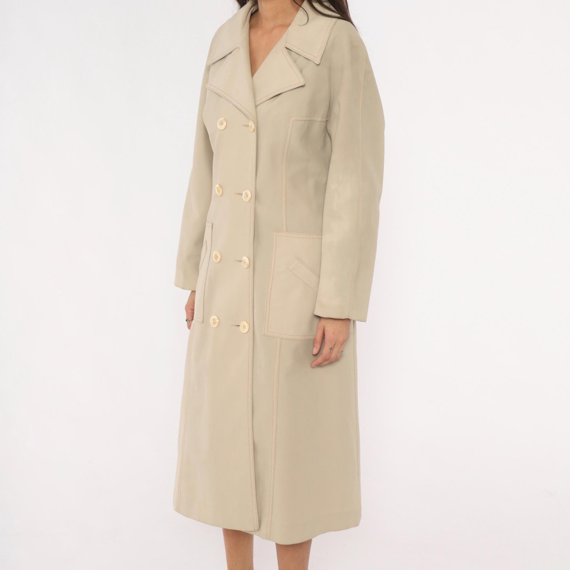 80s Double Breasted Trench Coat Beige Mid-Calf Belted Jacket Medium