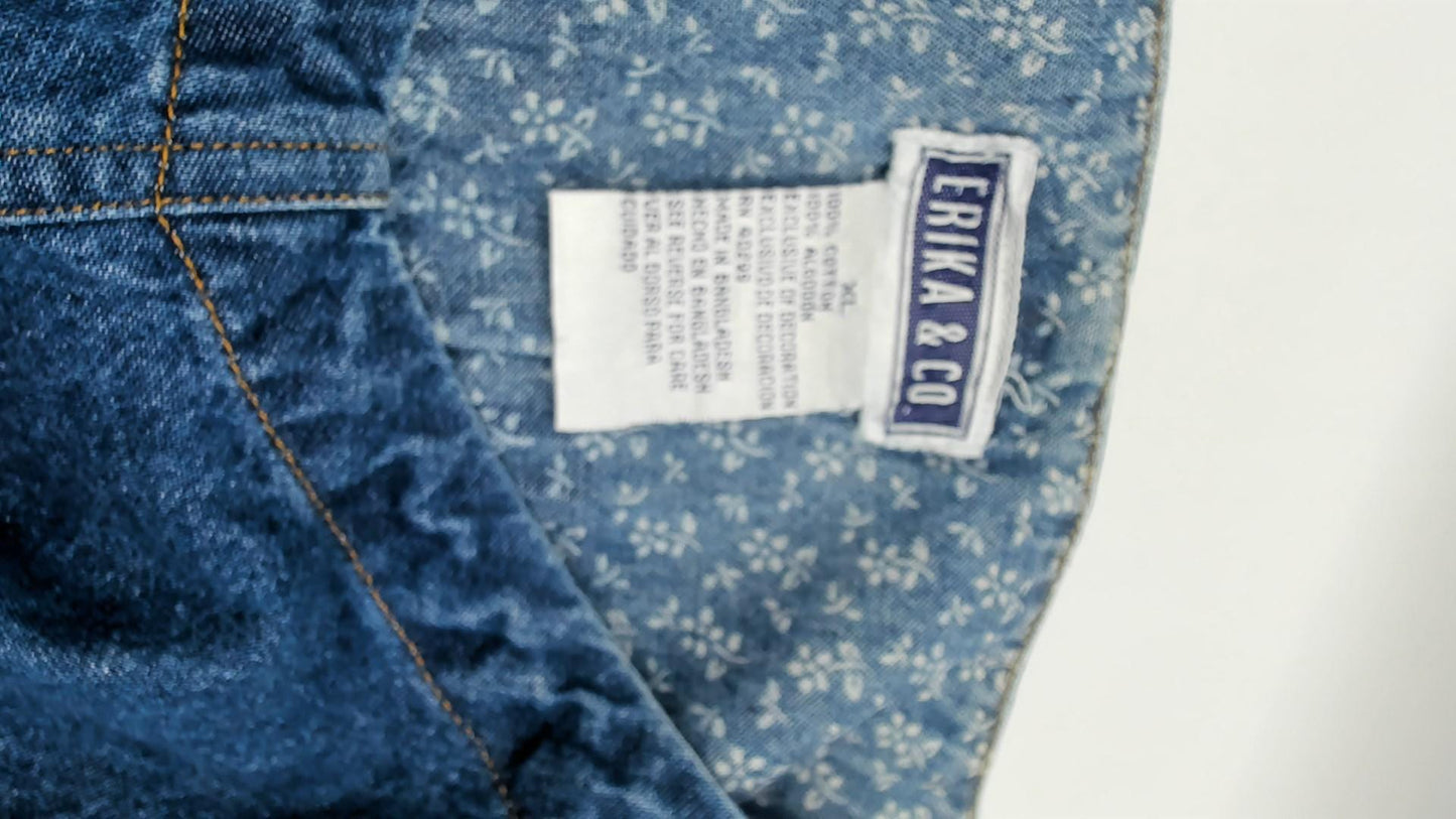 90s Erika & Co. Denim Shift Dress Embroidered Floral Cobalt Extra Large XXL